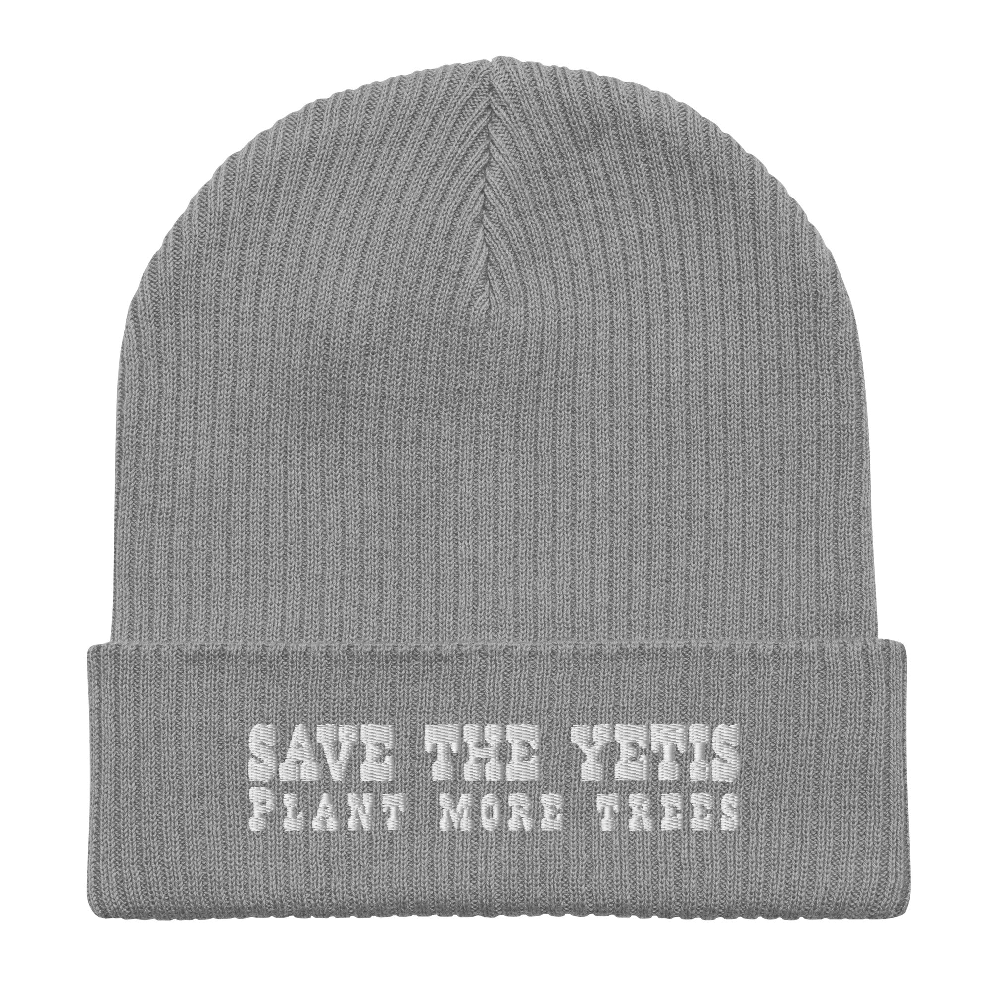 Organic ribbed beanie Save the Yetis, Plant more Trees White