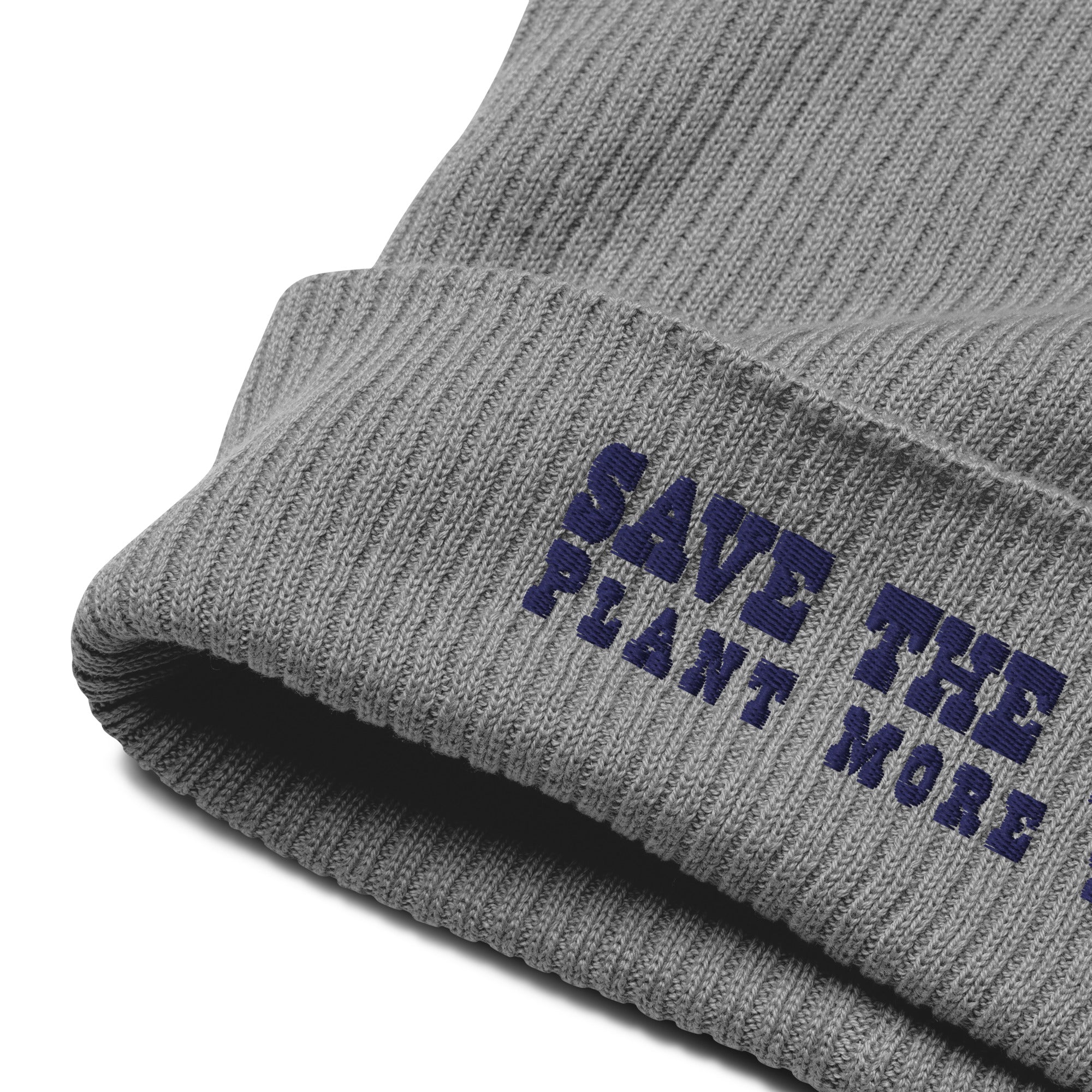 Organic ribbed beanie Save the Yetis, Plant more Trees Navy