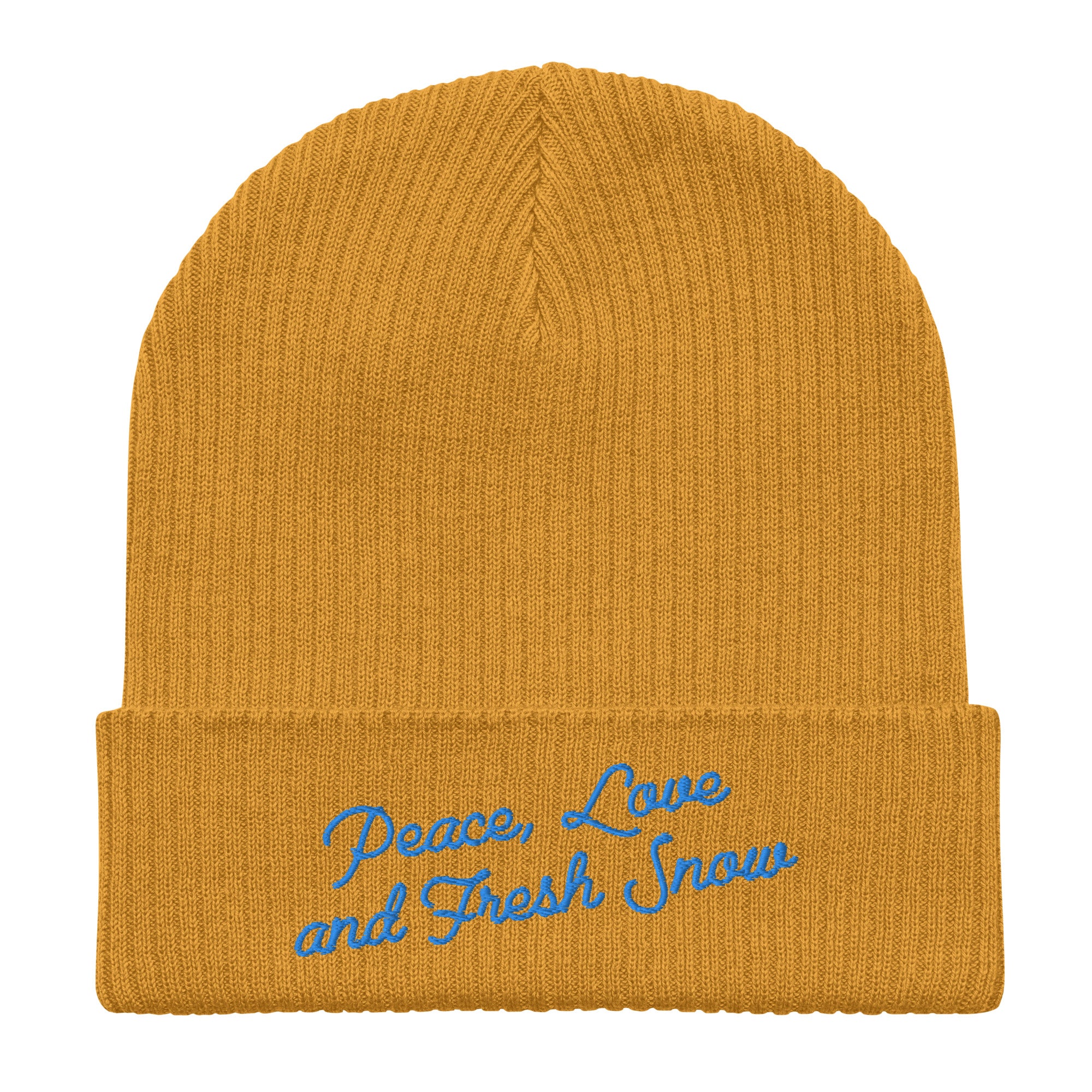 Organic ribbed beanie Peace, Love and Fresh Snow Blue