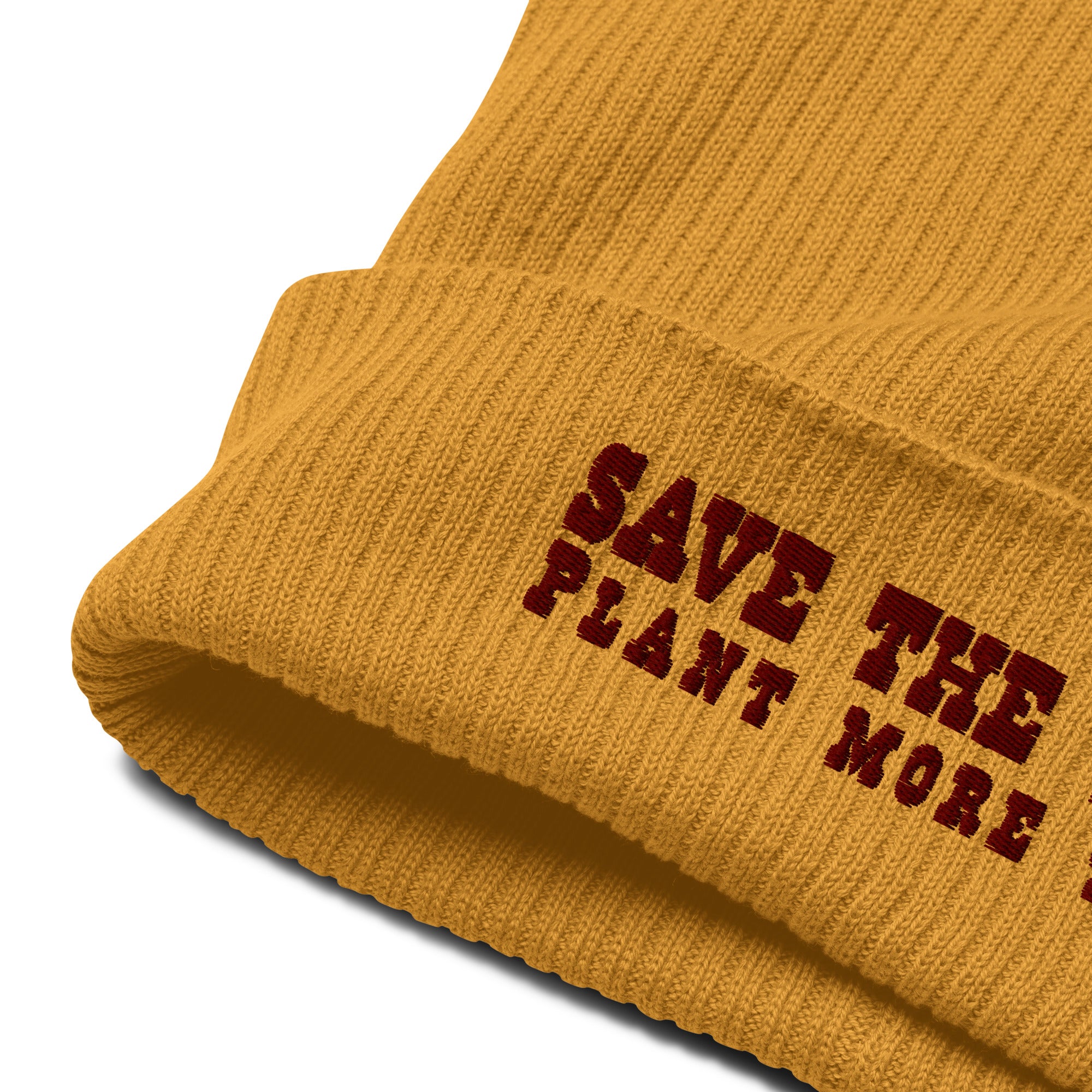 Organic ribbed beanie Save the Yetis, Plant more Trees Brown