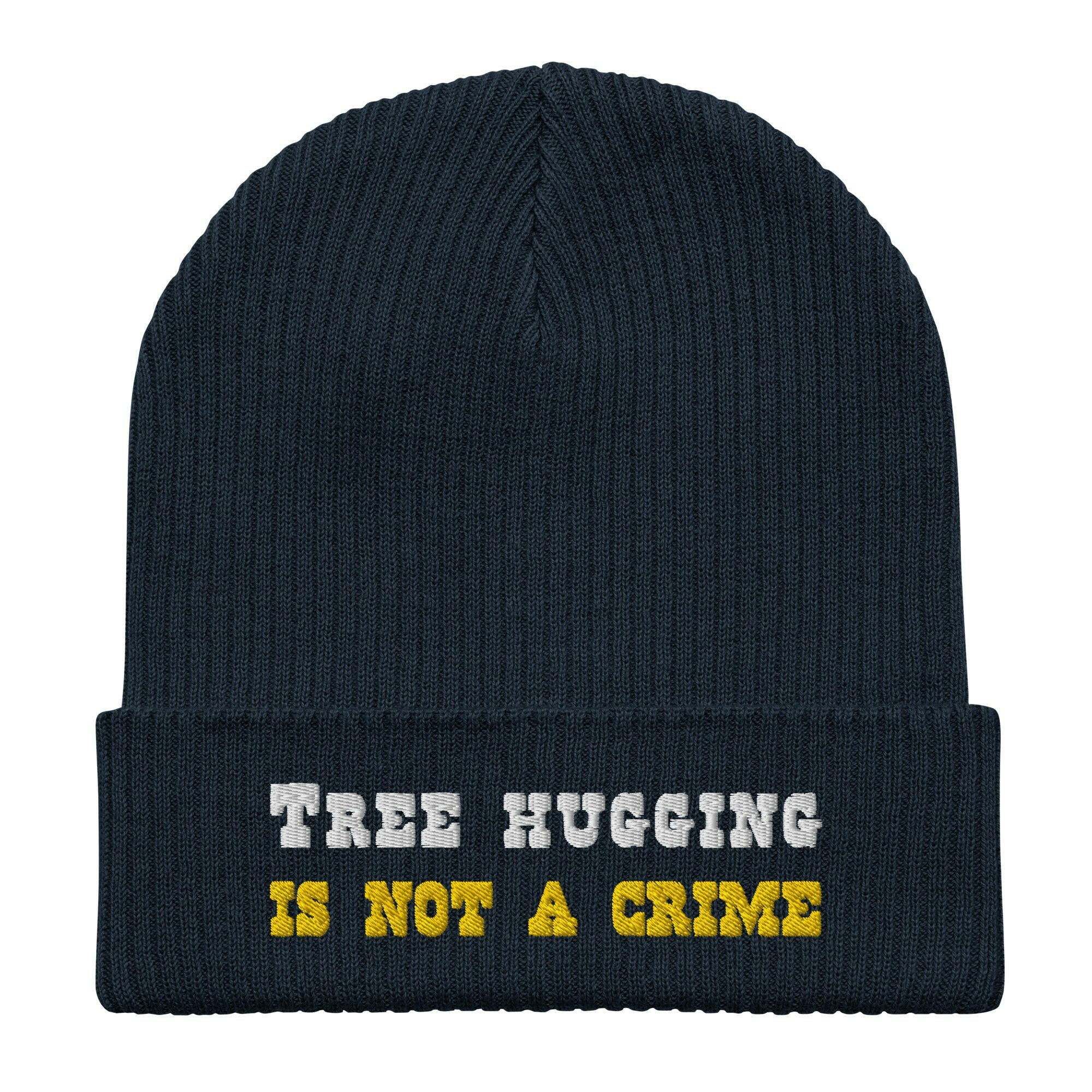 Organic ribbed beanie Tree Hugging is not a crime White/Gold