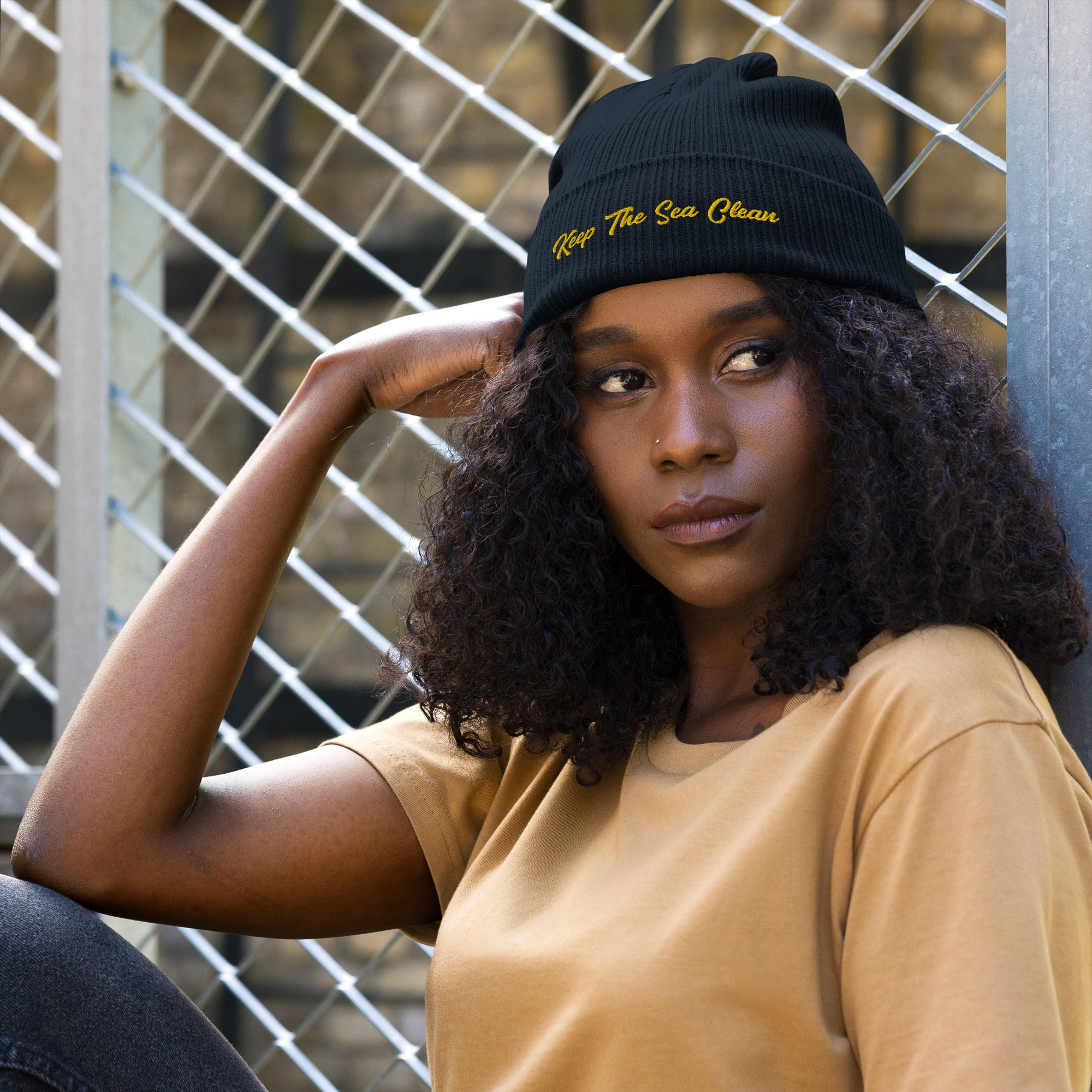 Organic ribbed beanie Keep The Sea Clean Gold