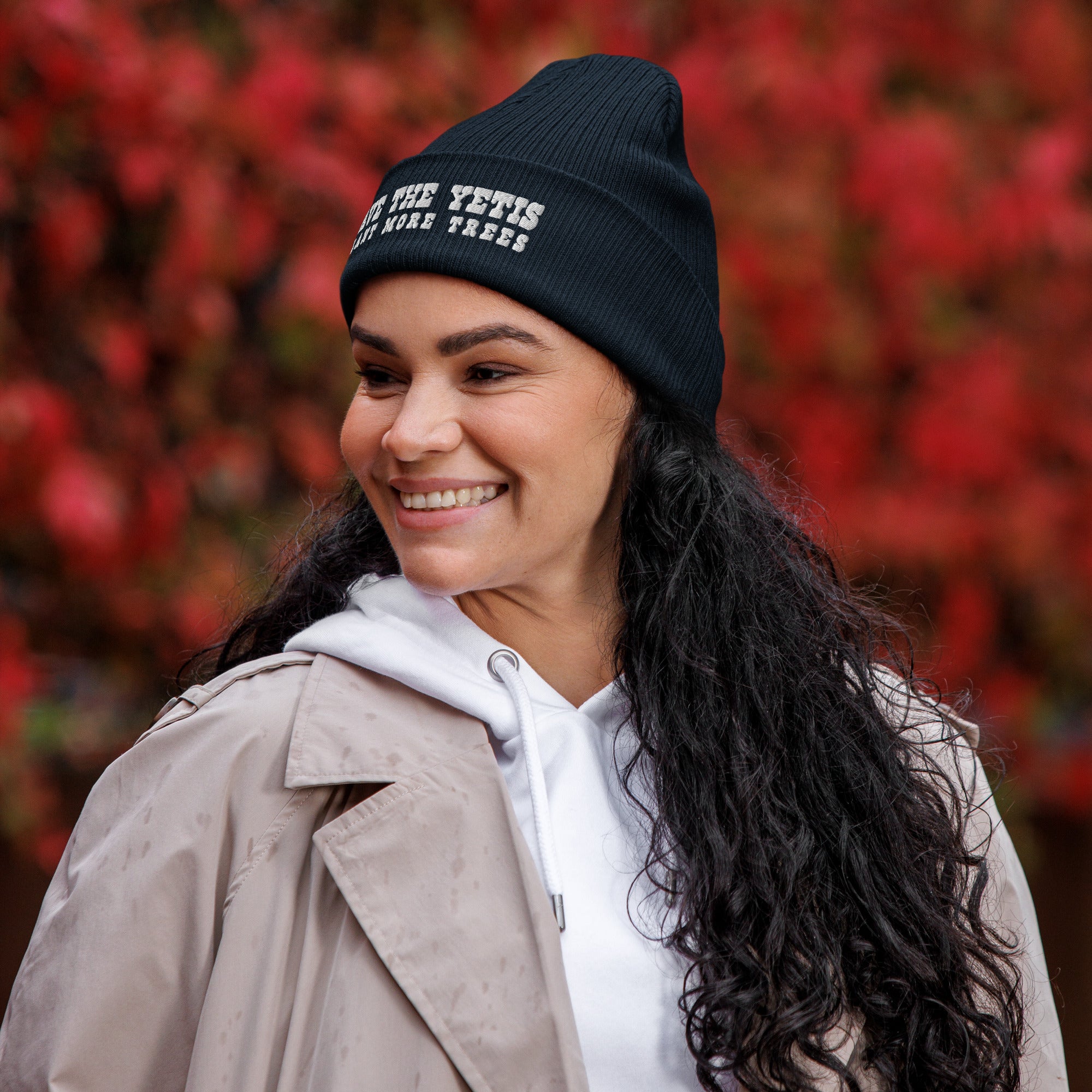 Organic ribbed beanie Save the Yetis, Plant more Trees White