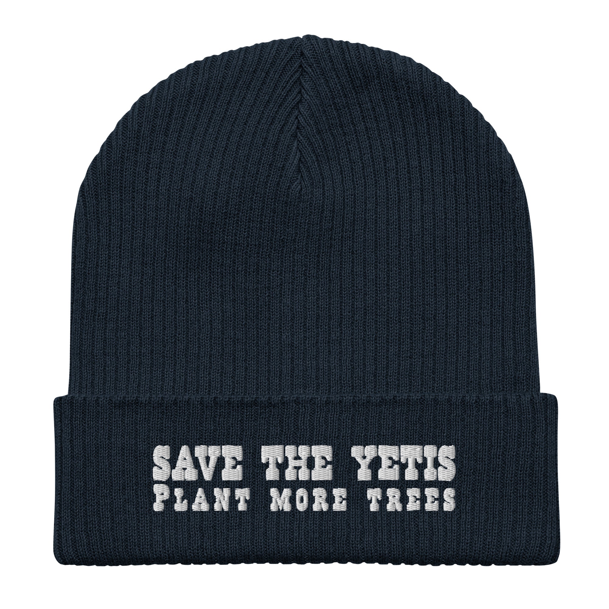 Organic ribbed beanie Save the Yetis, Plant more Trees White