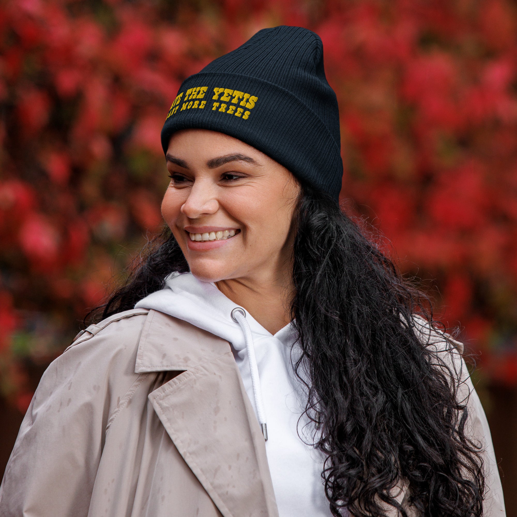 Organic ribbed beanie Save the Yetis, Plant more Trees Gold