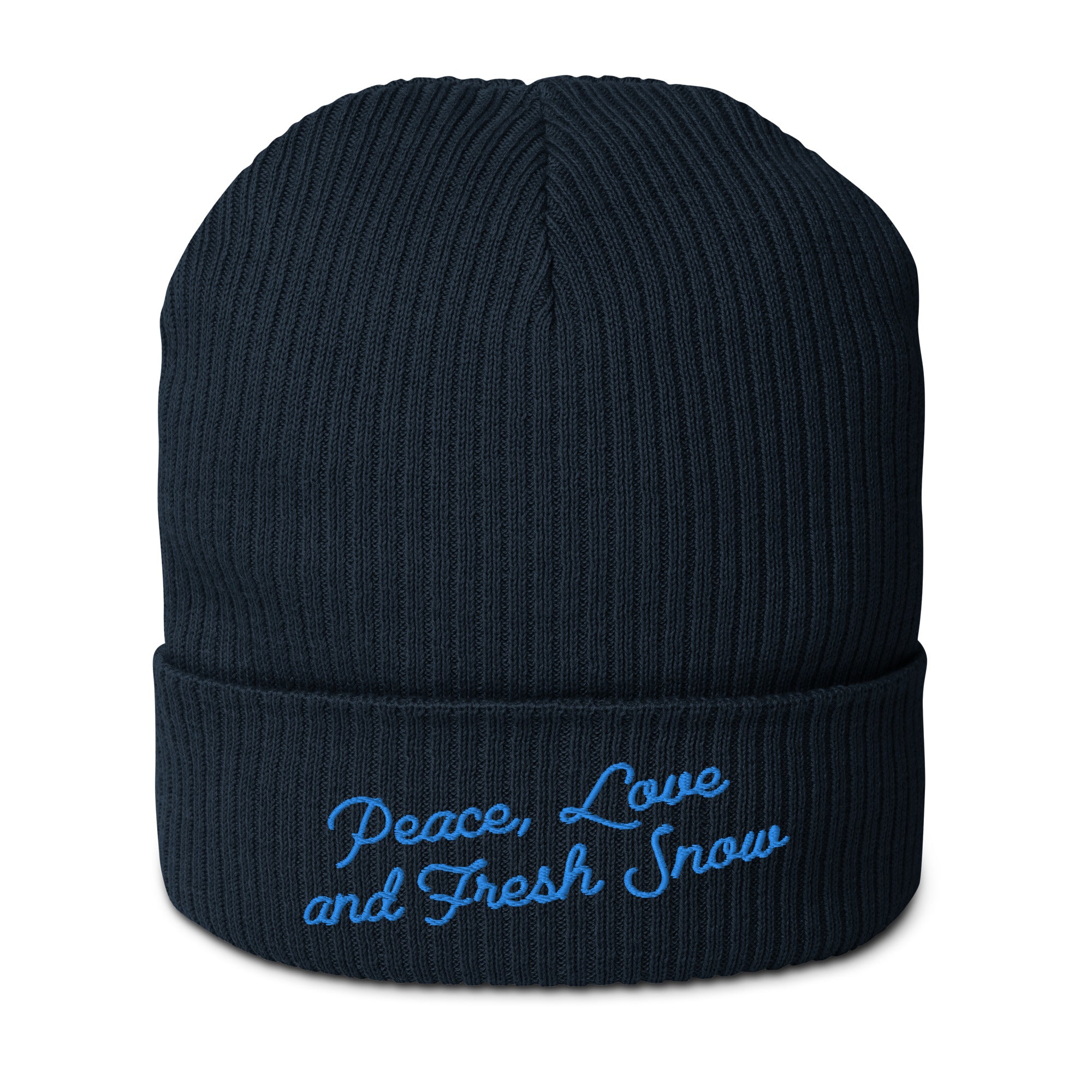 Organic ribbed beanie Peace, Love and Fresh Snow Blue