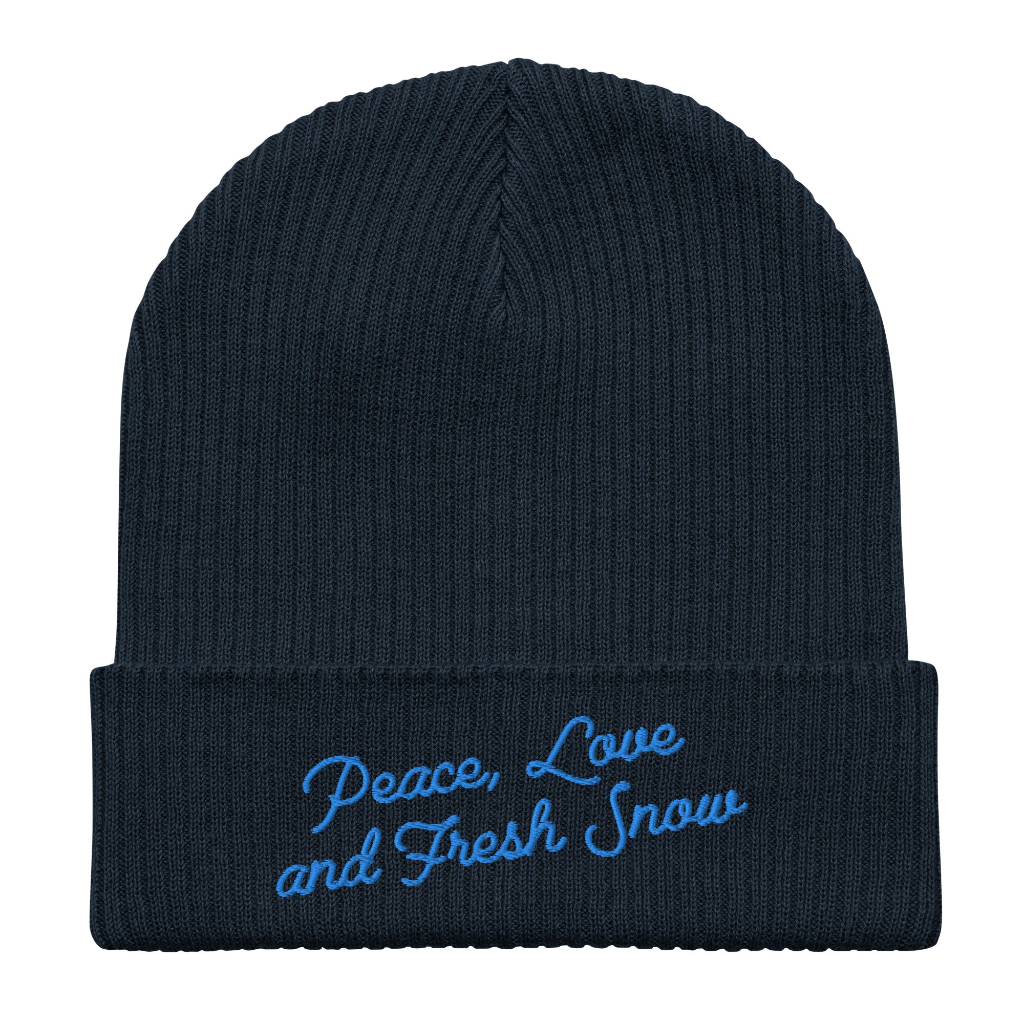 Organic ribbed beanie Peace, Love and Fresh Snow Blue