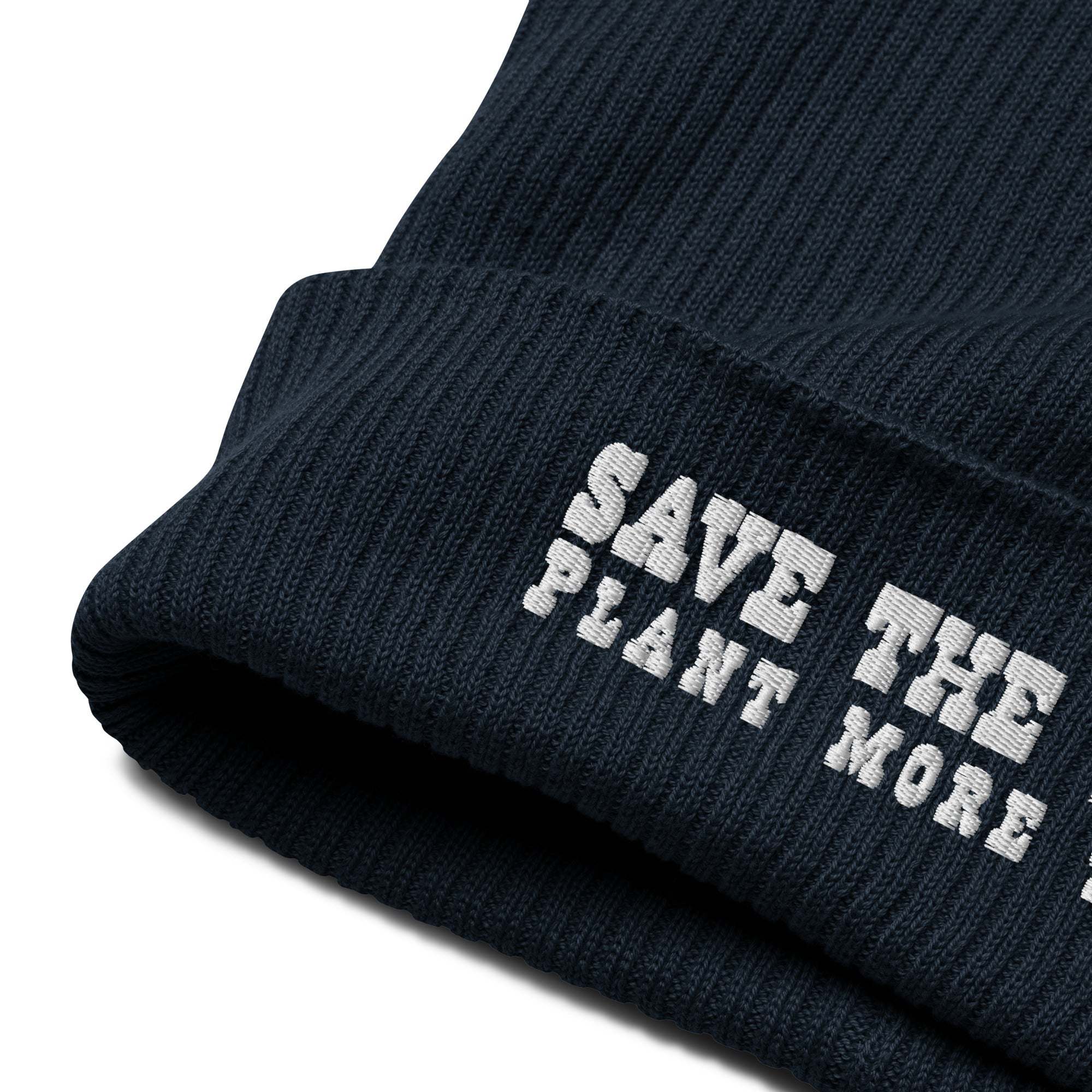 Organic ribbed beanie Save the Yetis, Plant more Trees White