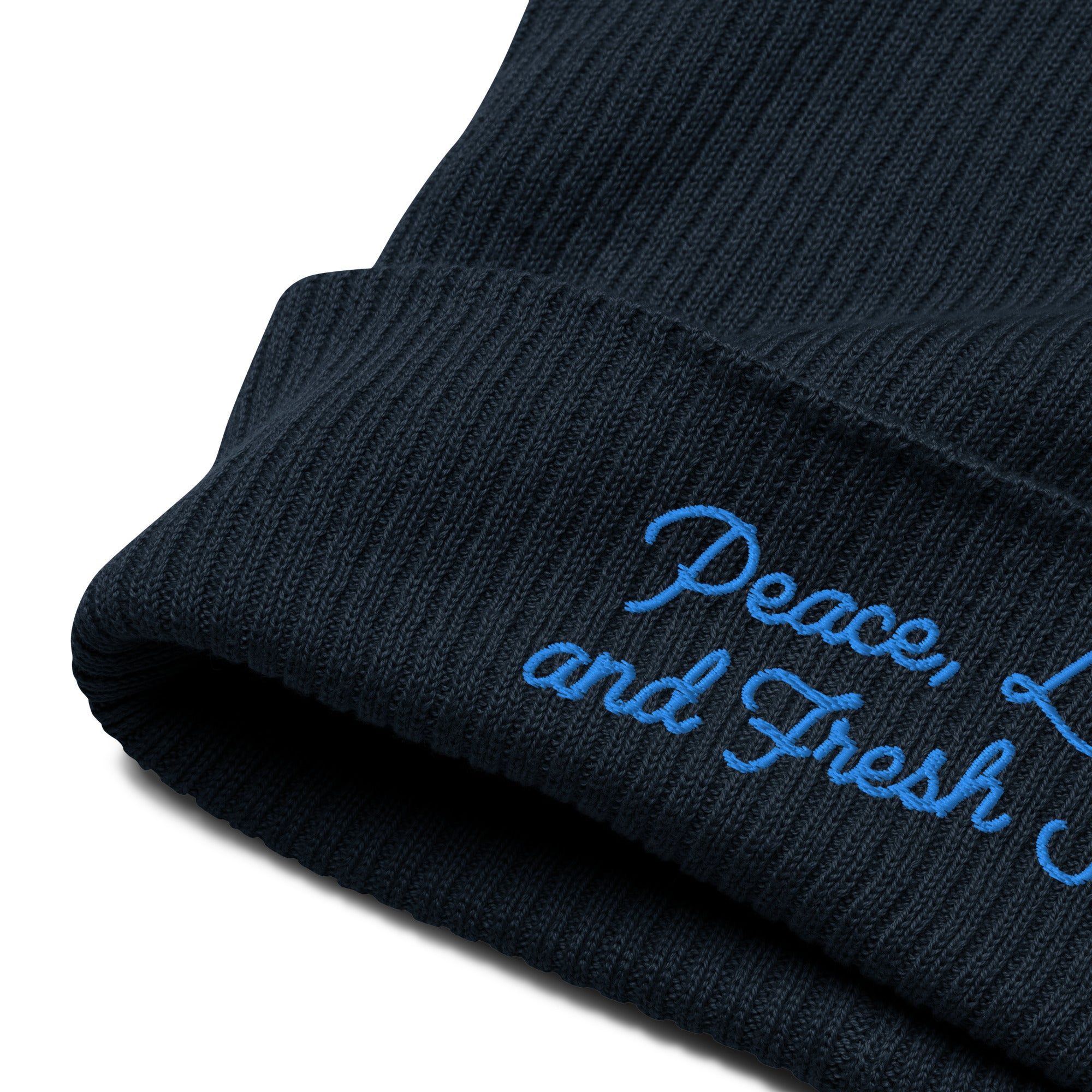 Organic ribbed beanie Peace, Love and Fresh Snow Blue