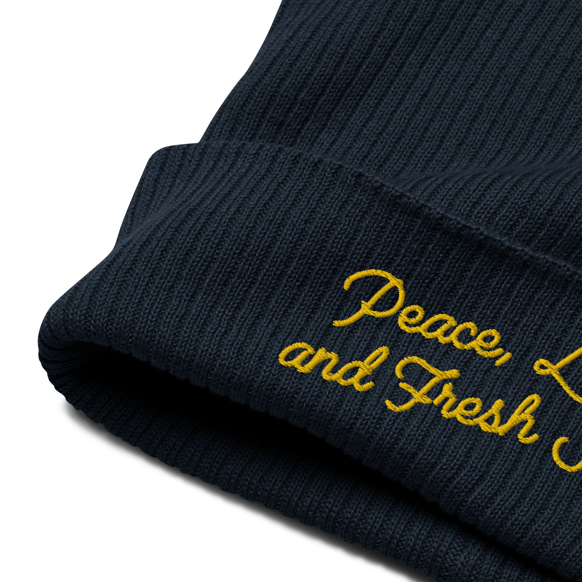 Organic ribbed beanie Peace, Love and Fresh Snow Gold