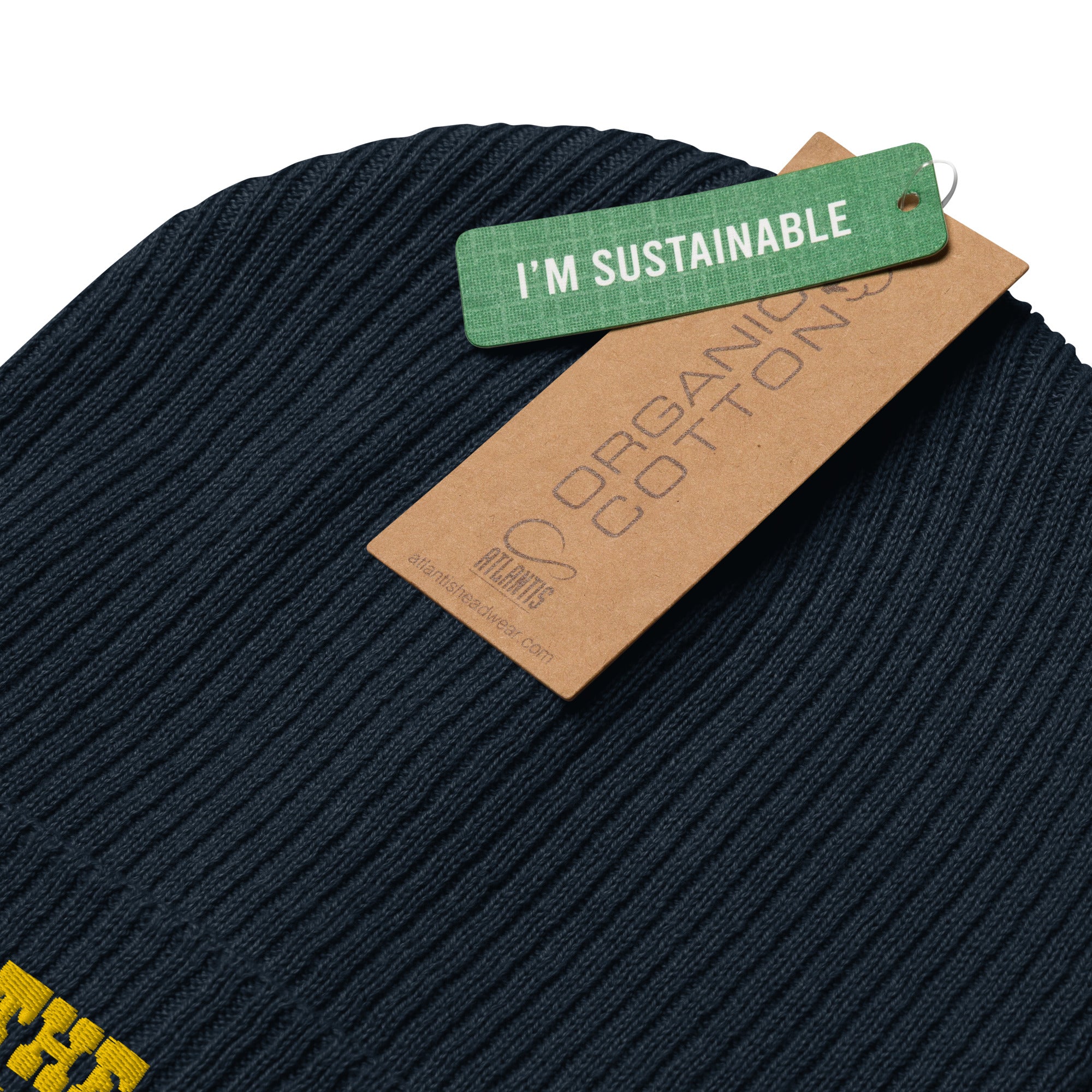 Organic ribbed beanie Save the Yetis, Plant more Trees Gold