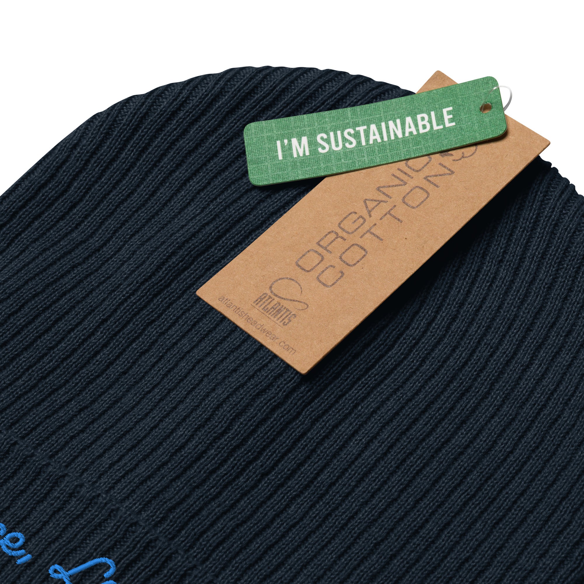 Organic ribbed beanie Peace, Love and Fresh Snow Blue