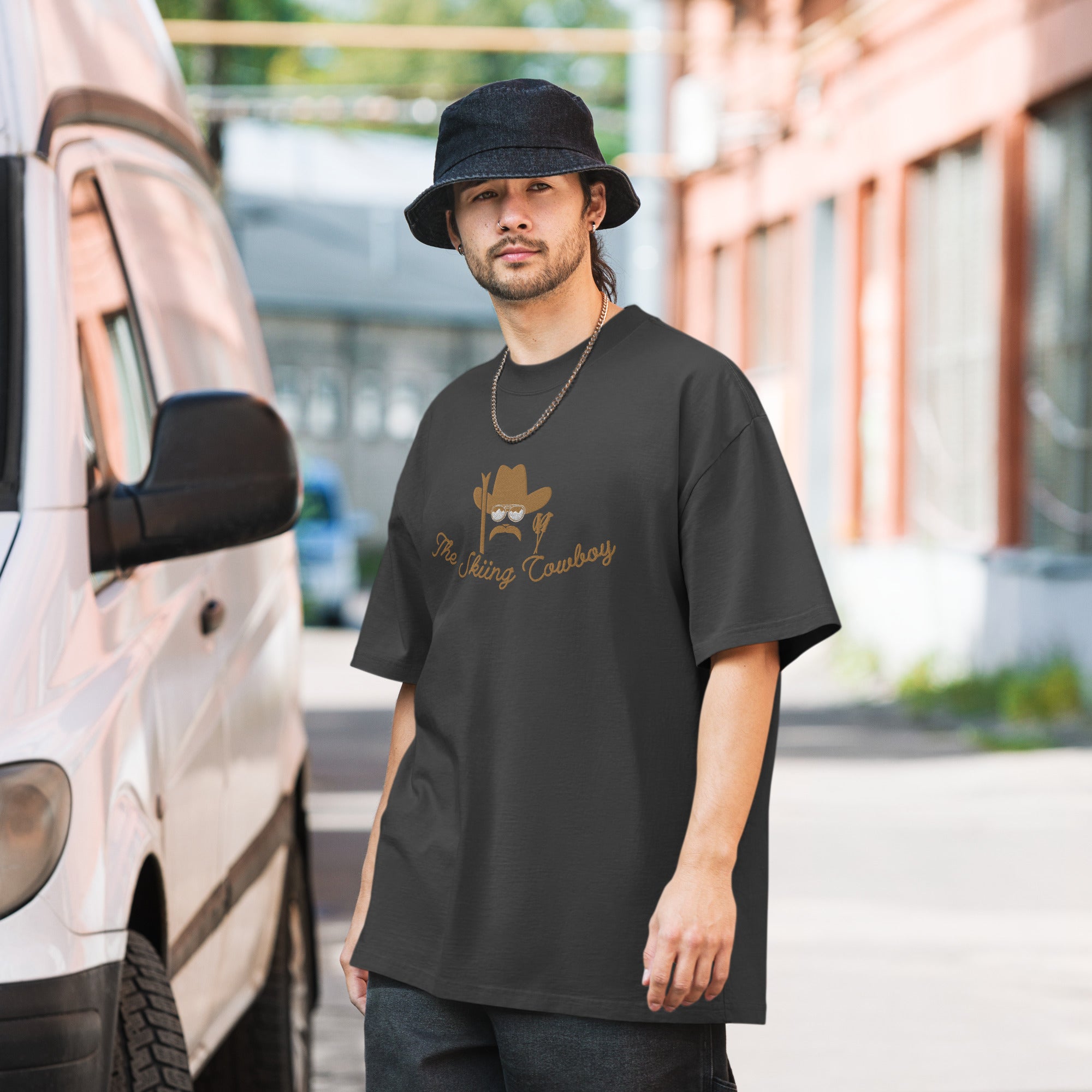 Oversized heavy blend cotton t-shirt The Skiing Cowboy Old Gold embroidered pattern