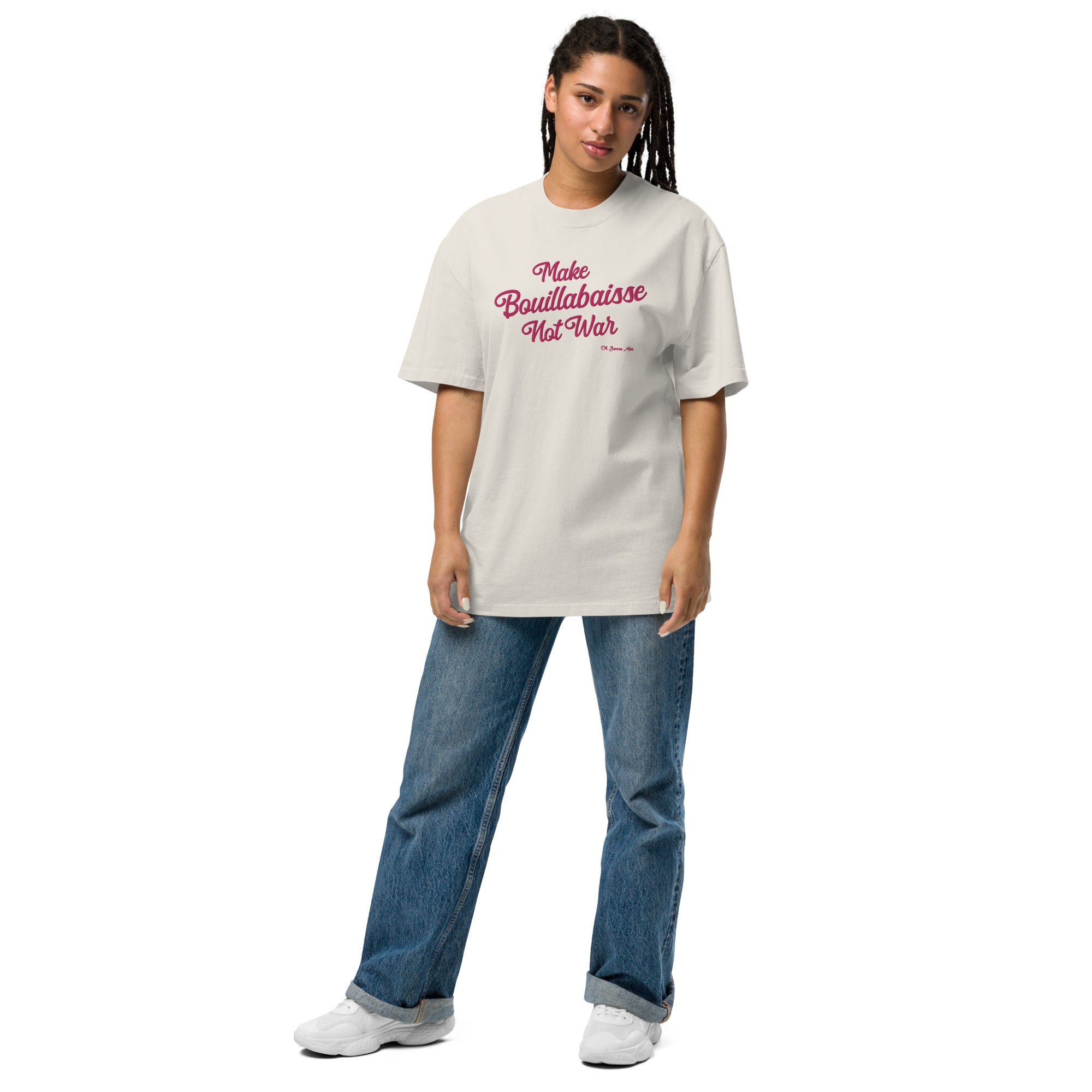 Oversized heavy blend cotton t-shirt Make Bouillabaisse Not War Flamingo large embroidered pattern