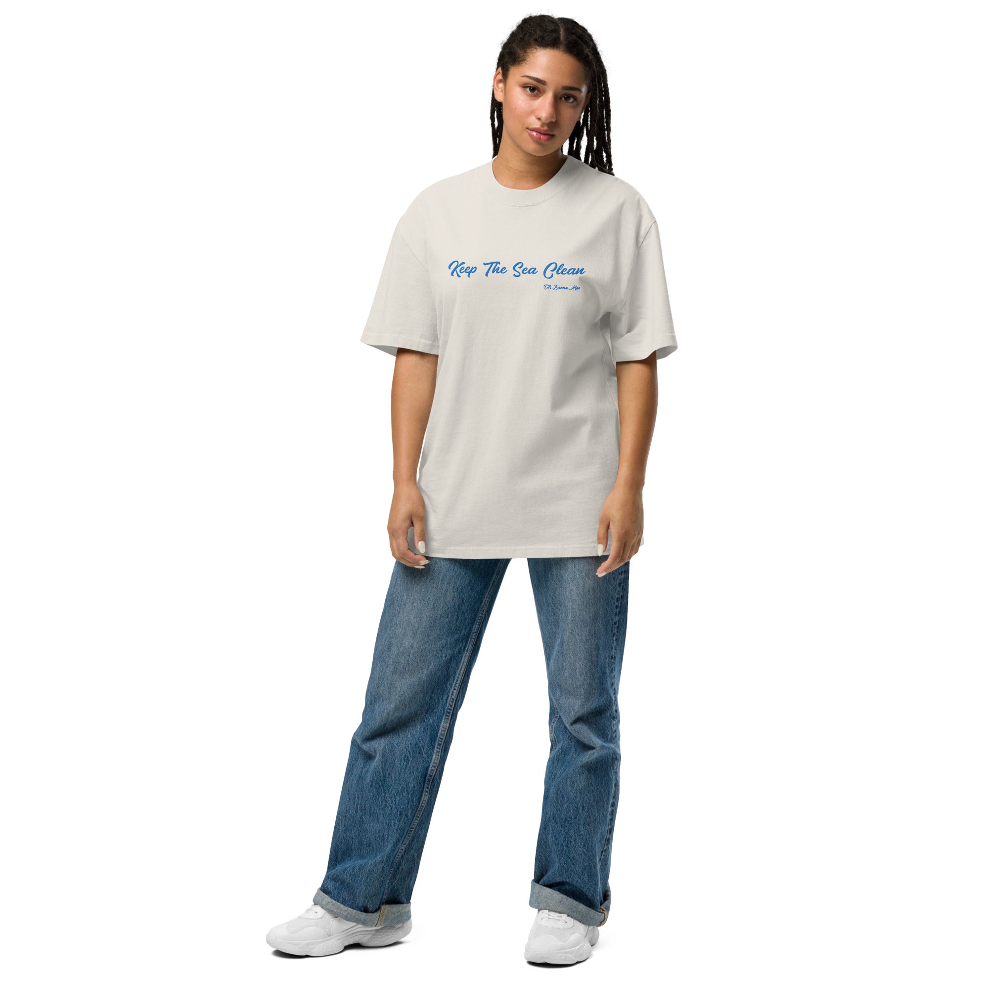 Oversized heavy blend cotton t-shirt Keep The Sea Clean blue avio embroidered pattern