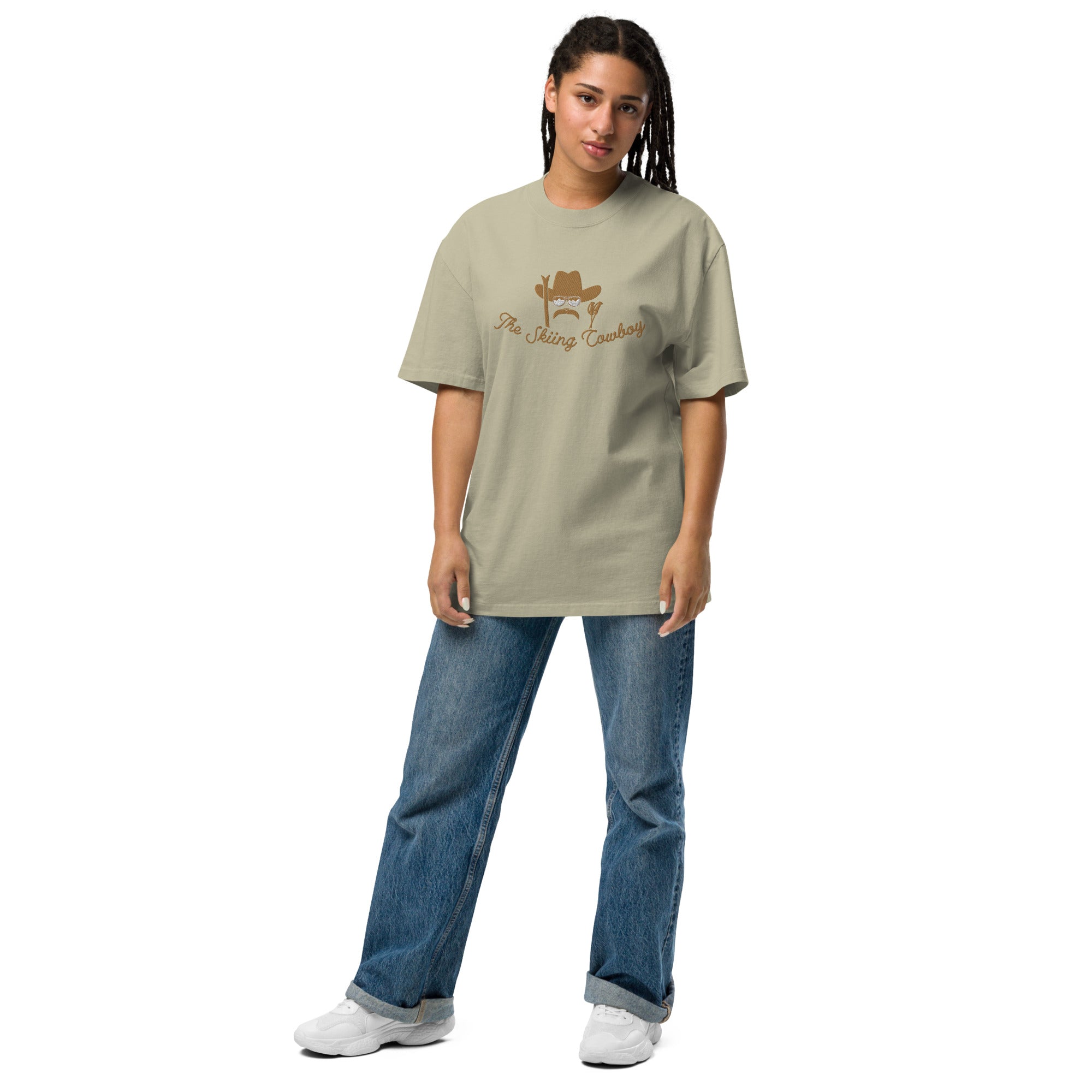 Oversized heavy blend cotton t-shirt The Skiing Cowboy Old Gold embroidered pattern