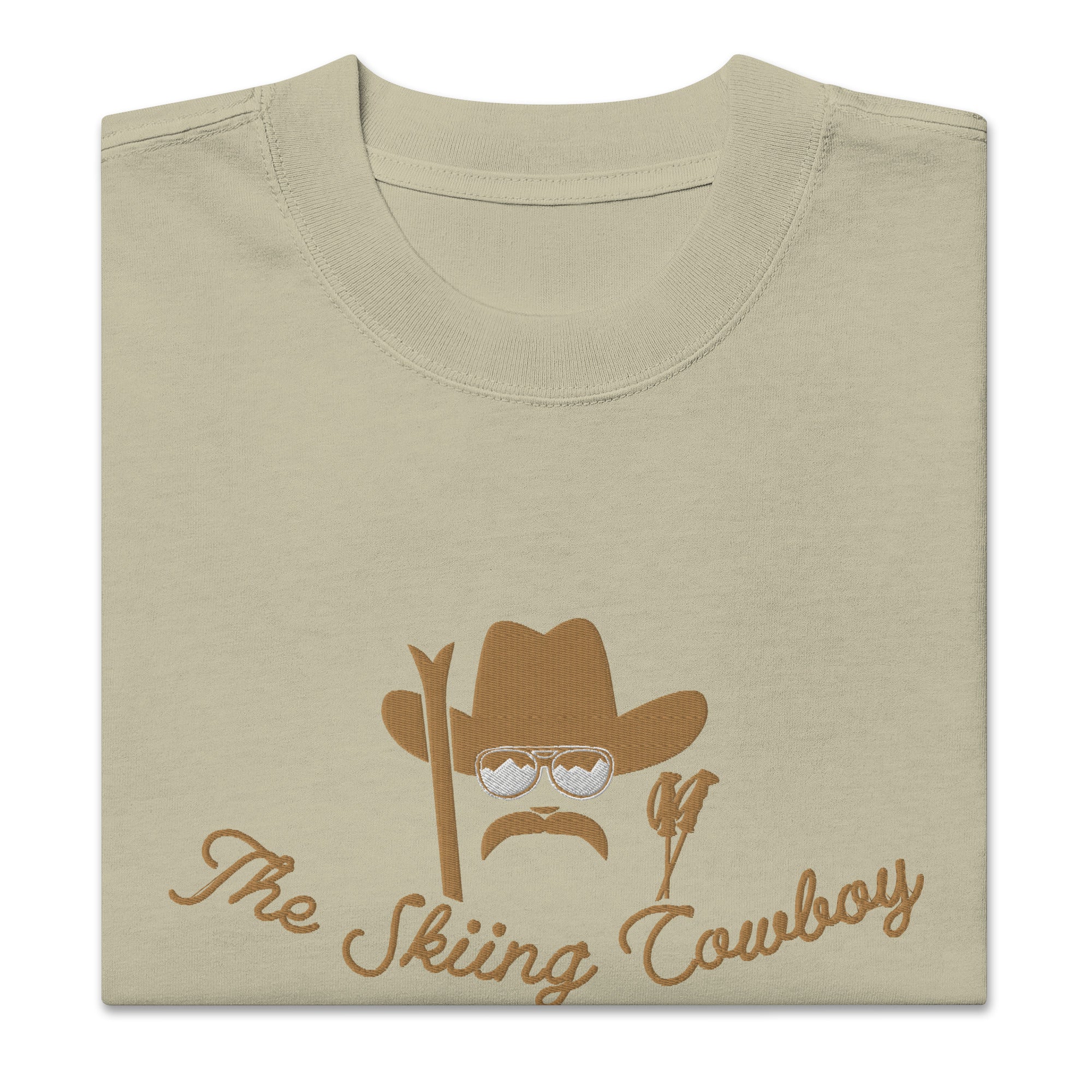 Oversized heavy blend cotton t-shirt The Skiing Cowboy Old Gold embroidered pattern