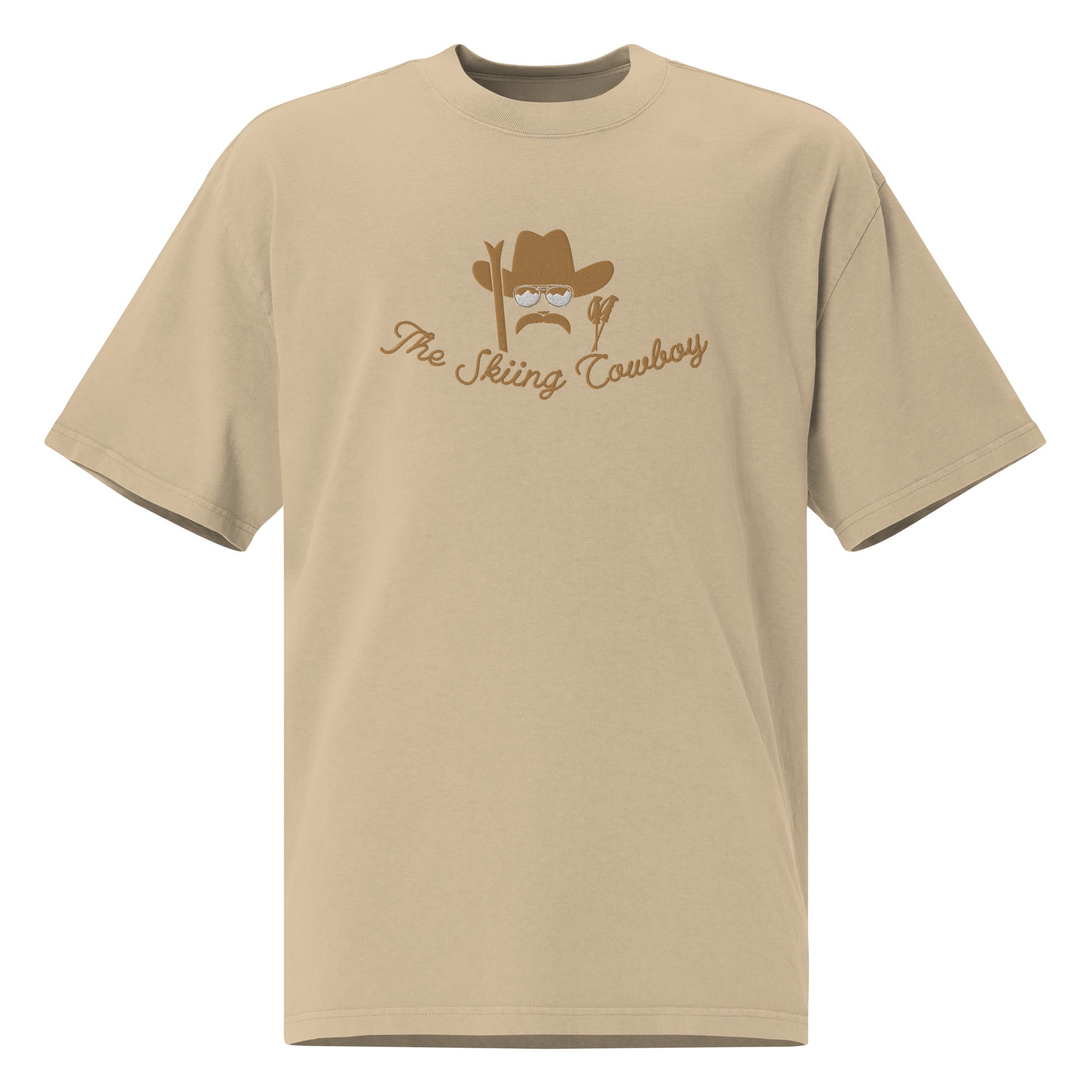 Oversized heavy blend cotton t-shirt The Skiing Cowboy Old Gold embroidered pattern