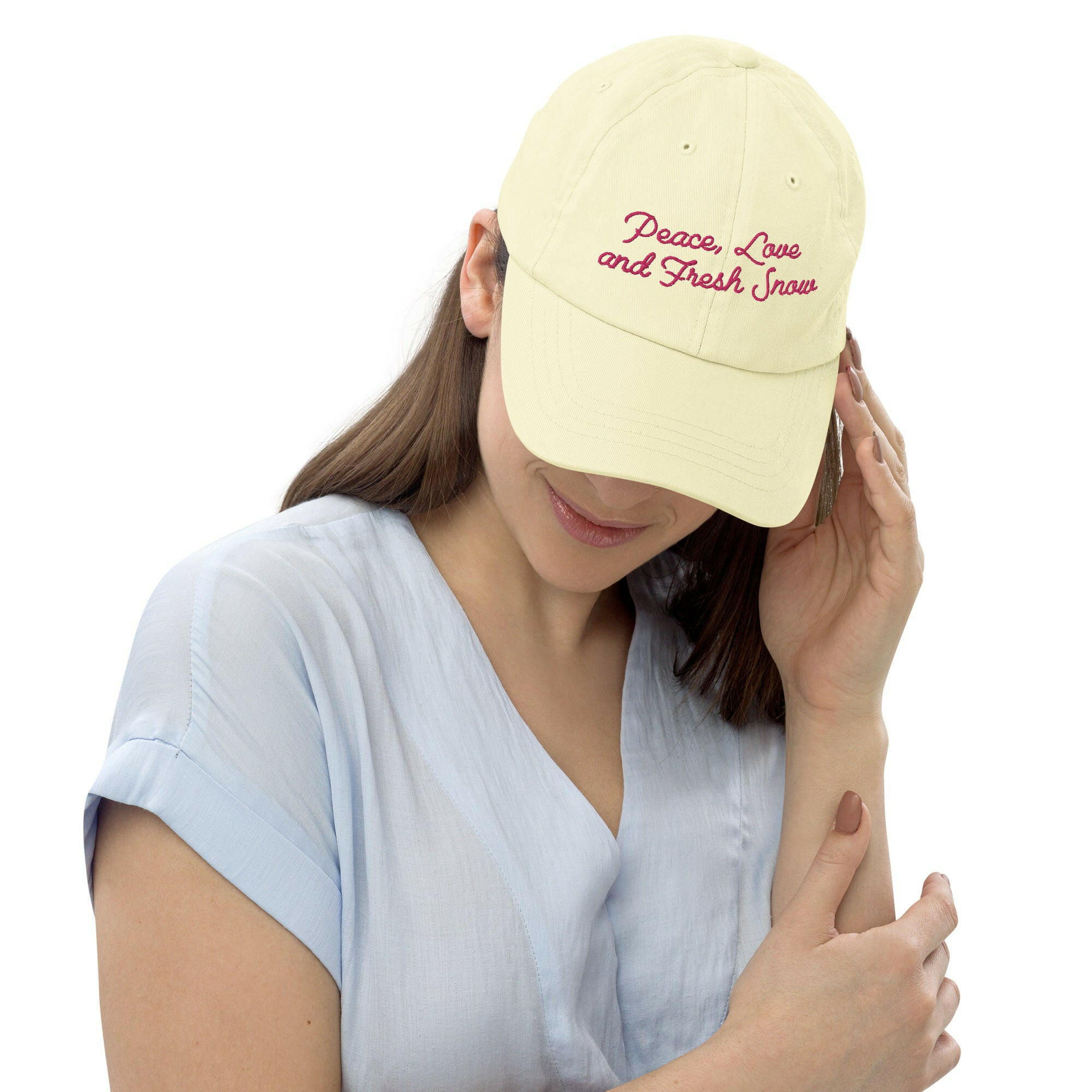 Pastel Baseball Cap Peace, Love and Fresh Snow Flamingo