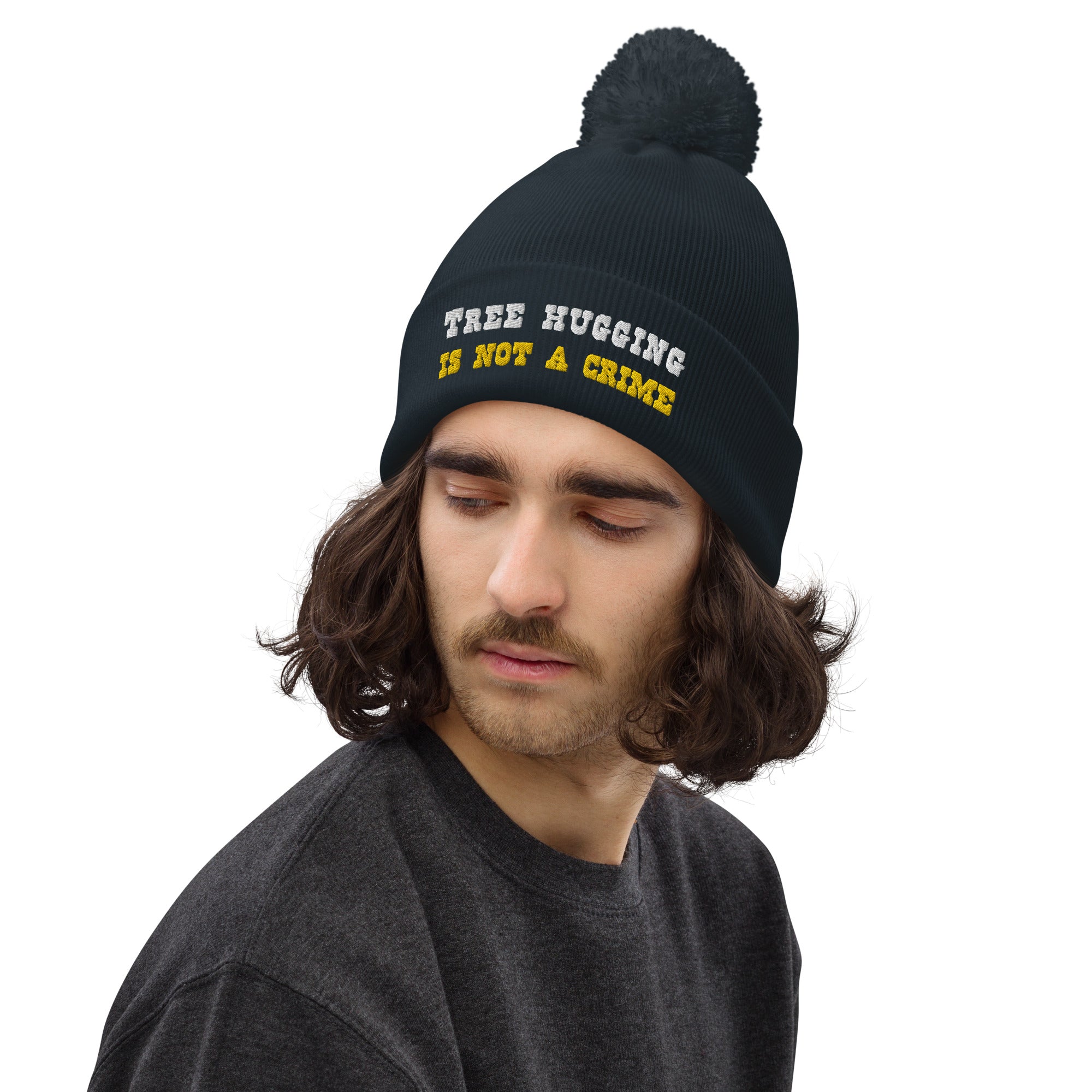 Pom pom beanie Tree Hugging is not a crime White/Gold