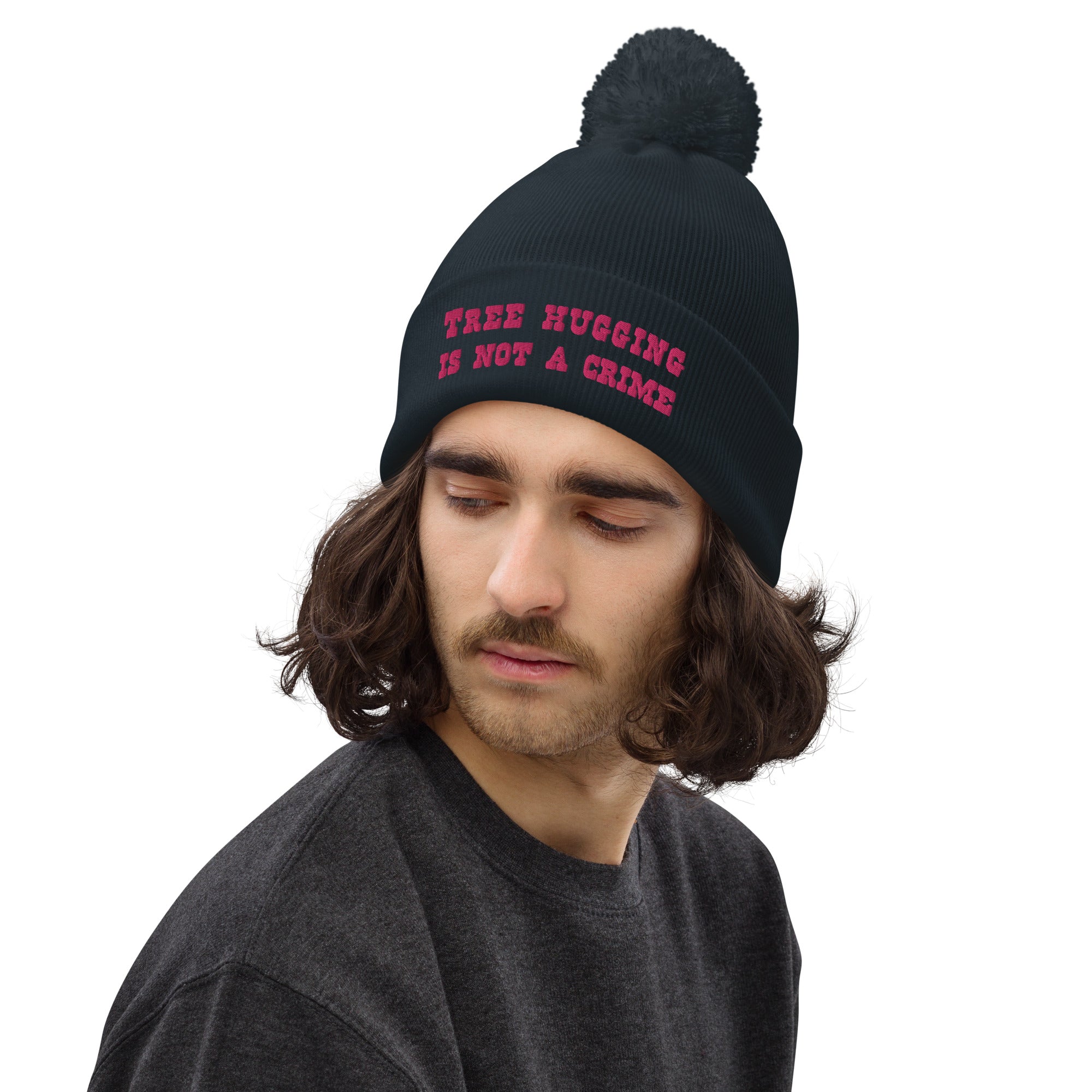 Pom pom beanie Tree Hugging is not a crime Flamingo