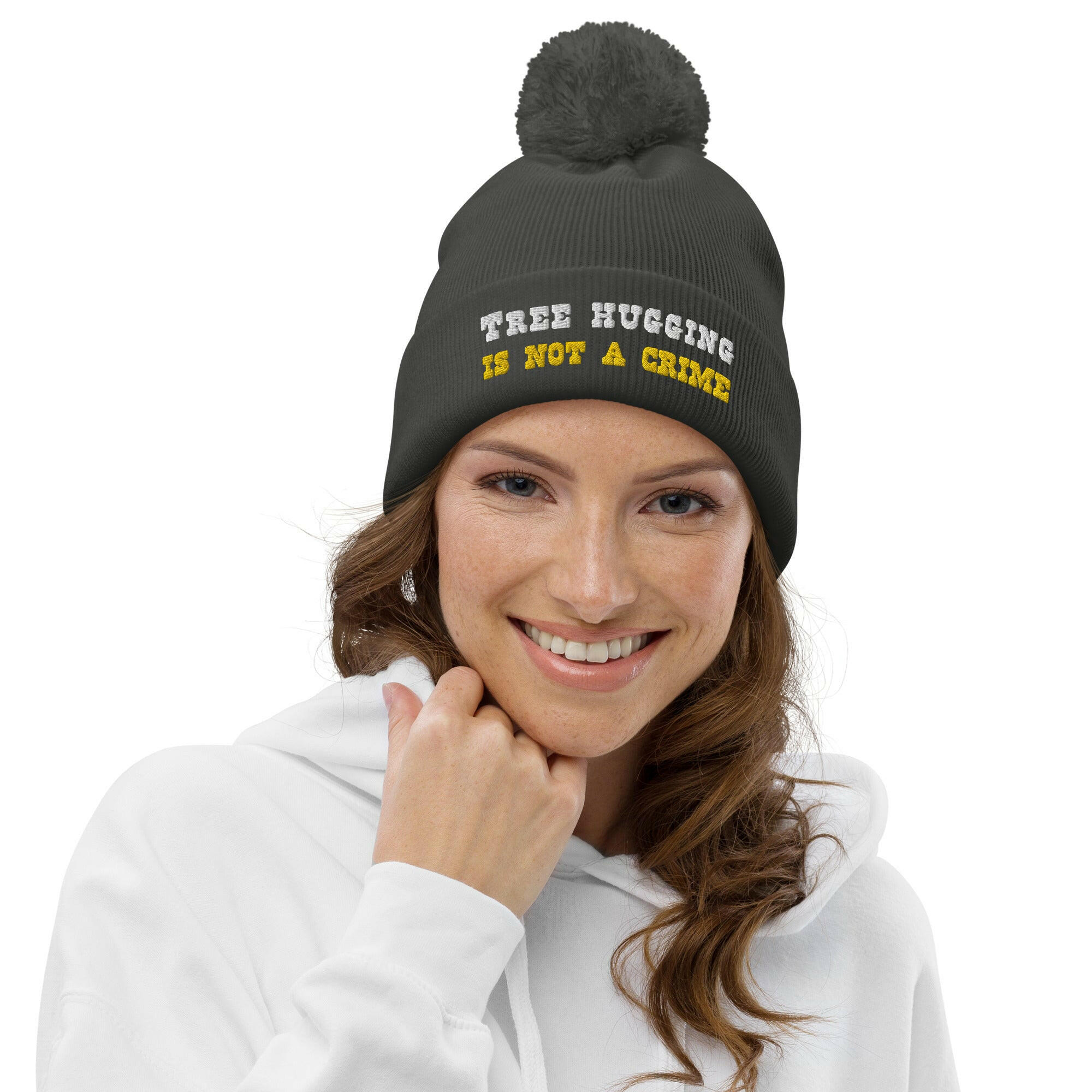 Pom pom beanie Tree Hugging is not a crime White/Gold