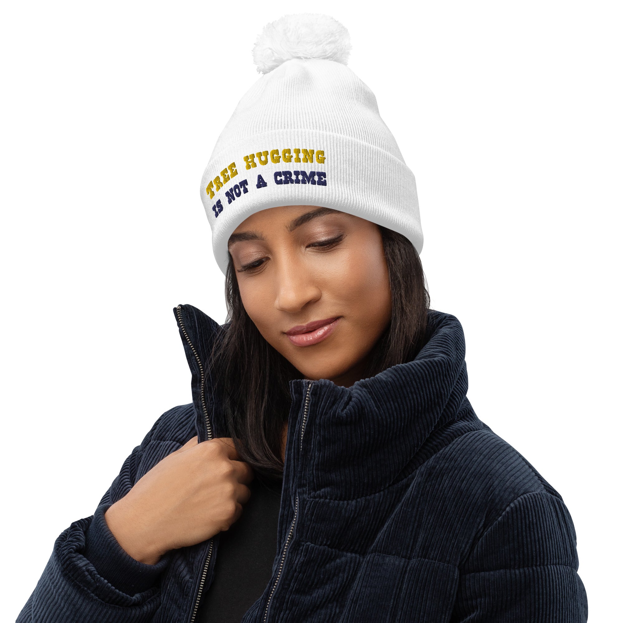 Pom pom beanie Tree Hugging is not a crime Gold/Navy