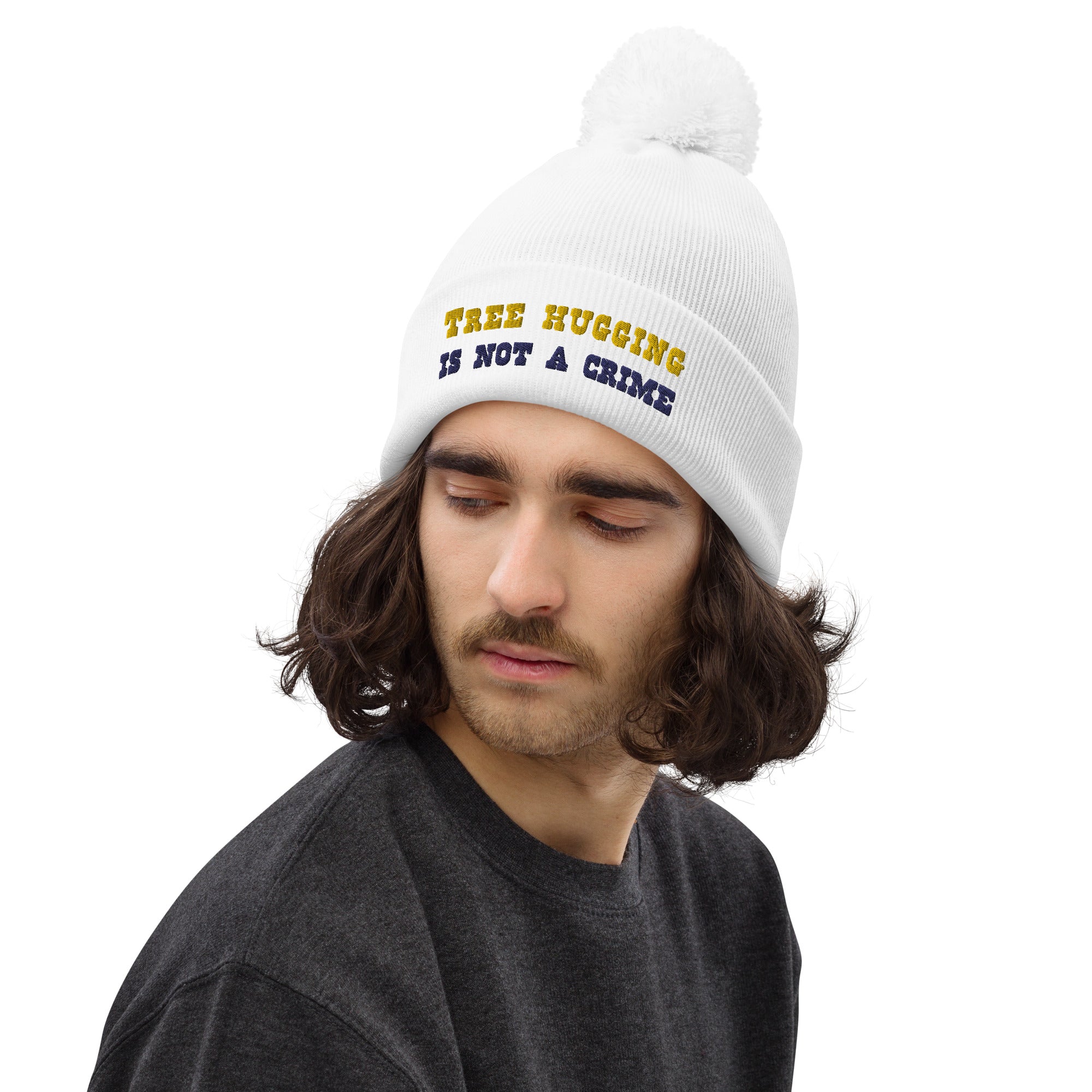 Pom pom beanie Tree Hugging is not a crime Gold/Navy
