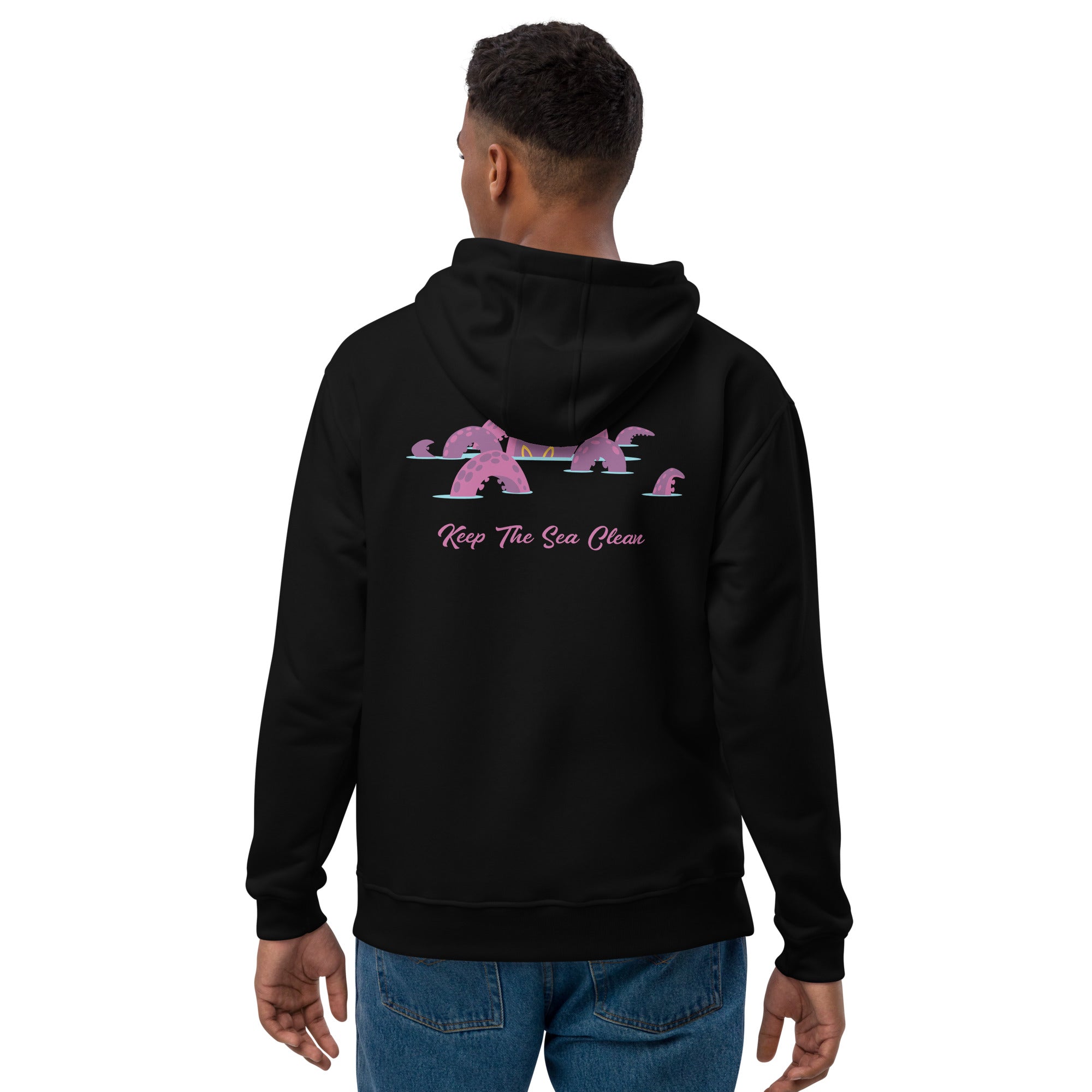 Premium eco hoodie Keep the Sea Clean (front) & Octopus Purple (back)