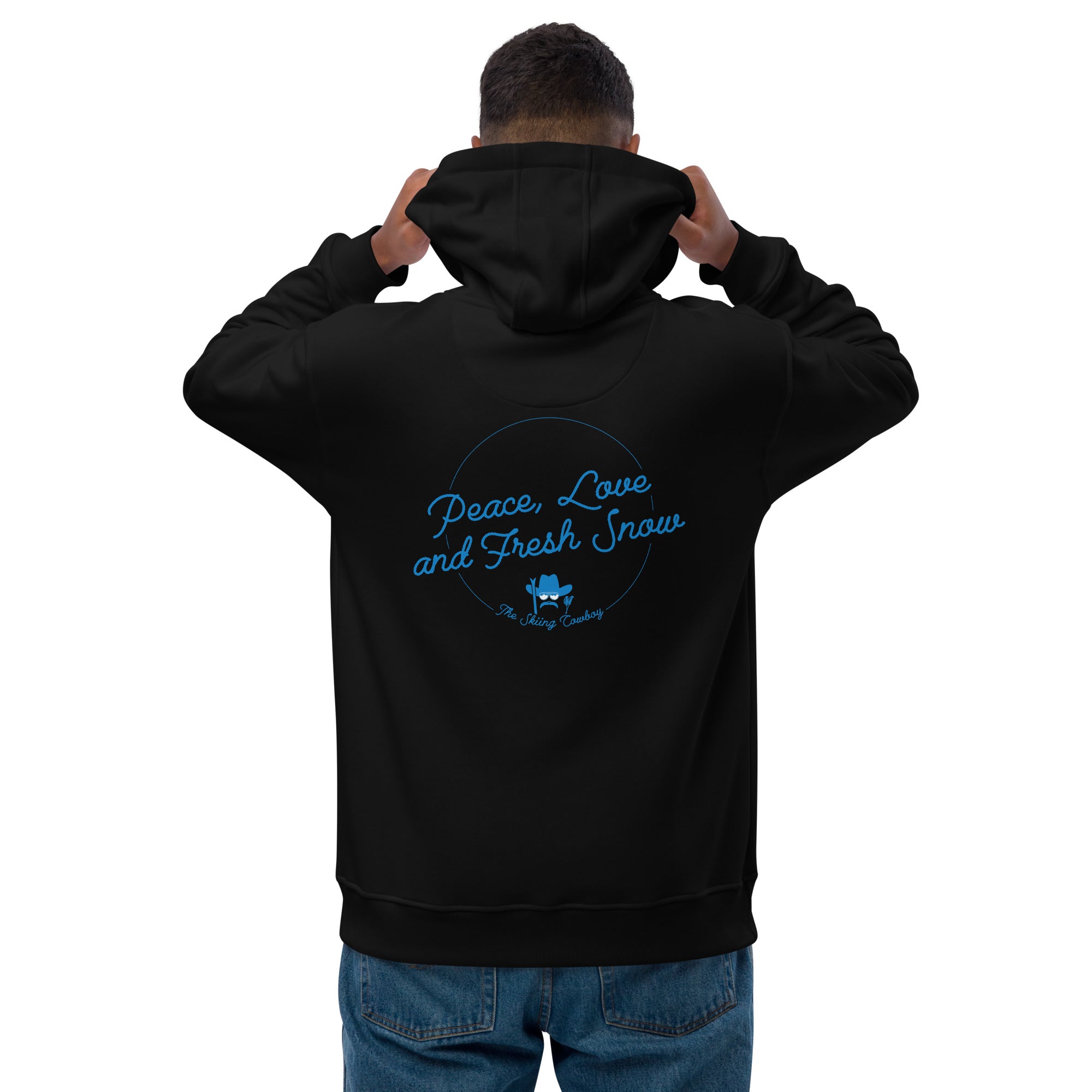 Premium eco hoodie Peace, Love and Fresh Snow (front & back)