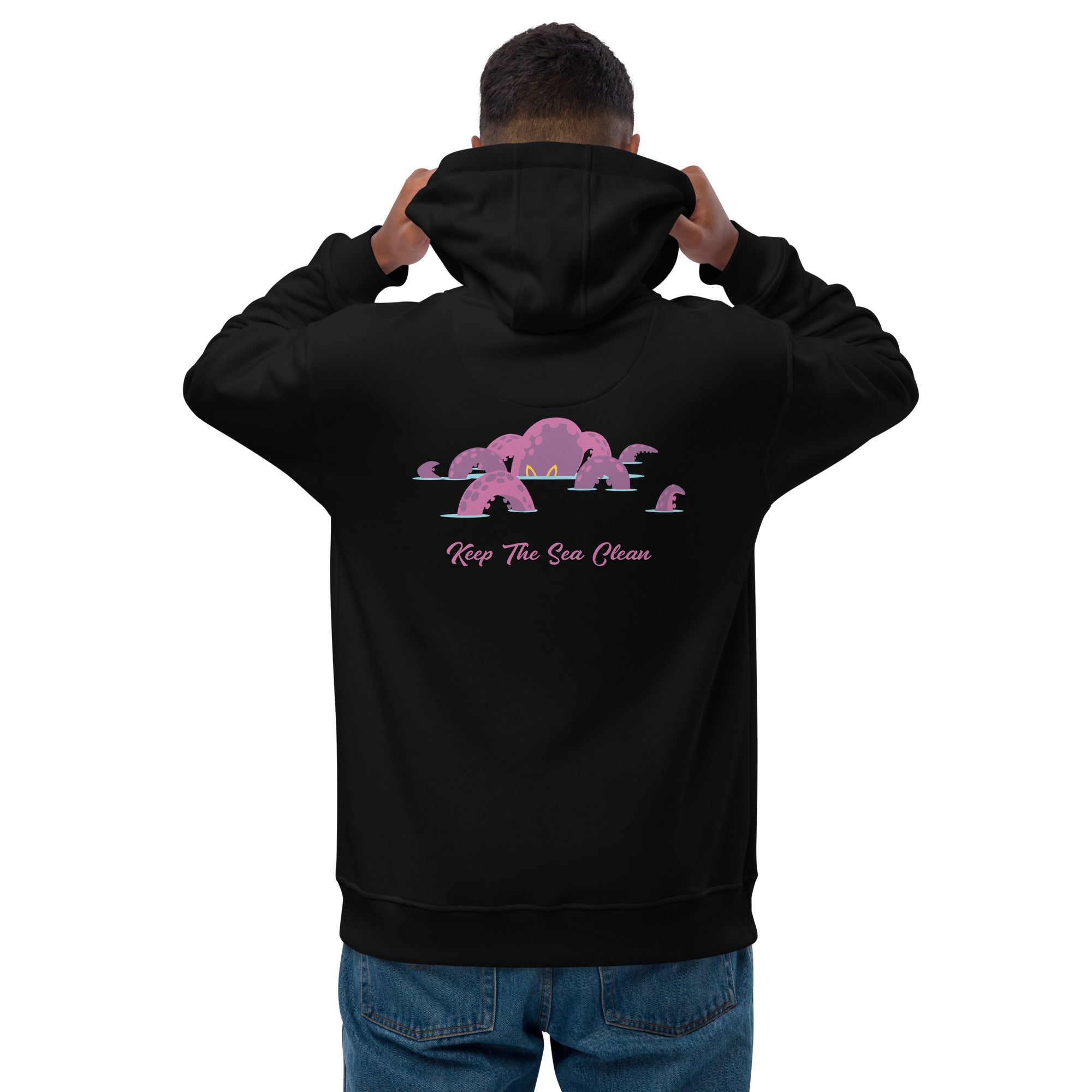 Premium eco hoodie Keep the Sea Clean (front) & Octopus Purple (back)