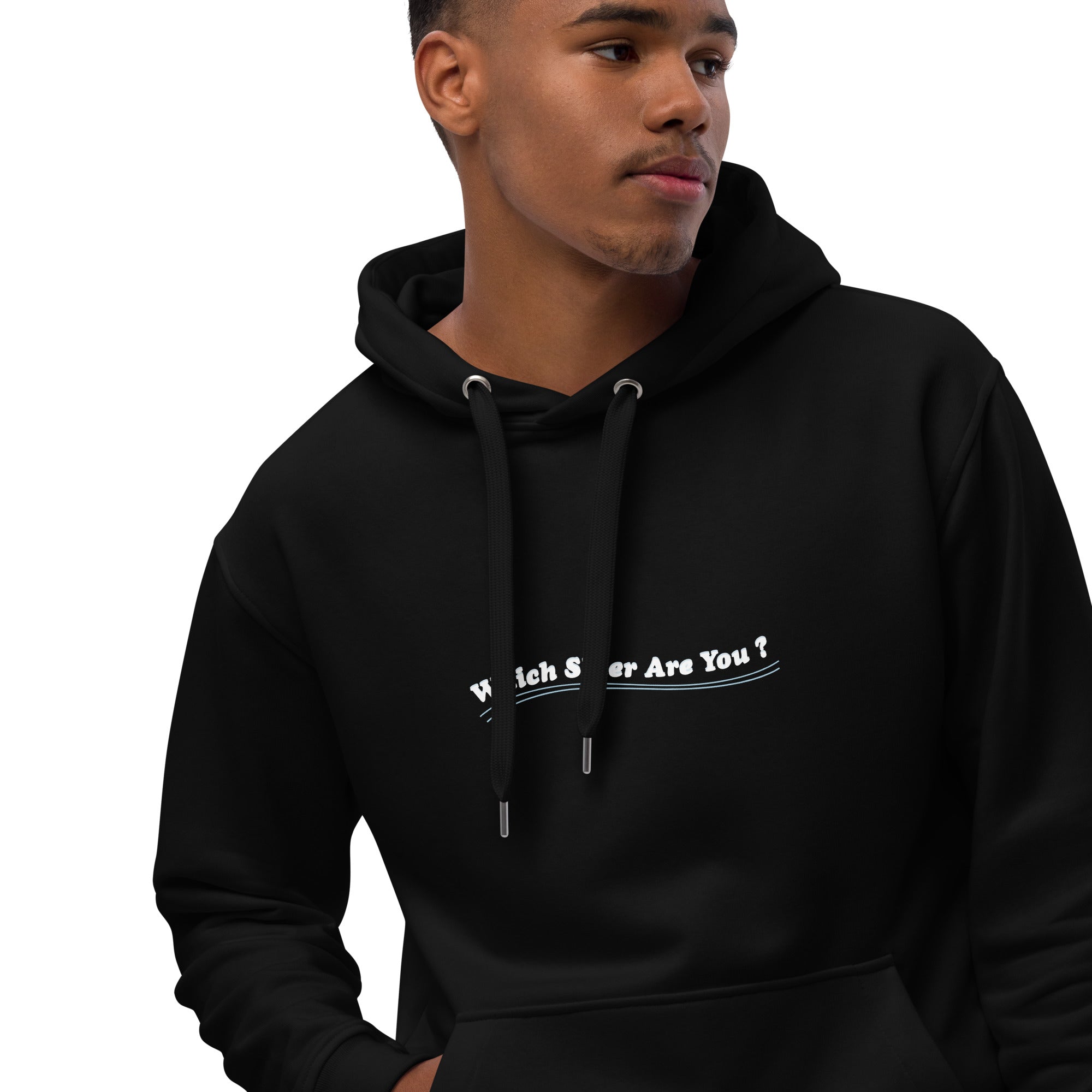 Premium eco hoodie Which skier are you? Love Instructor First Lesson free on black (front & back)