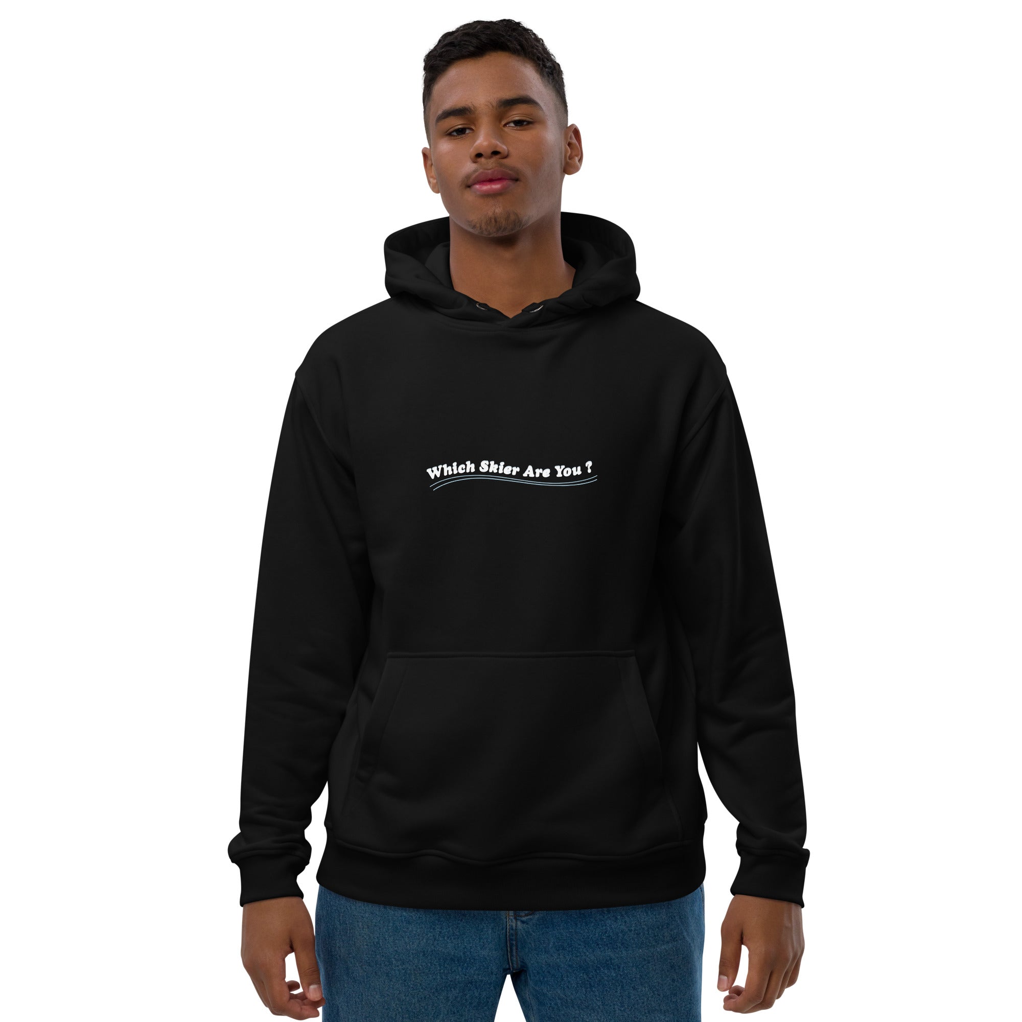 Premium eco hoodie Which skier are you? Love Instructor First Lesson free on black (front & back)