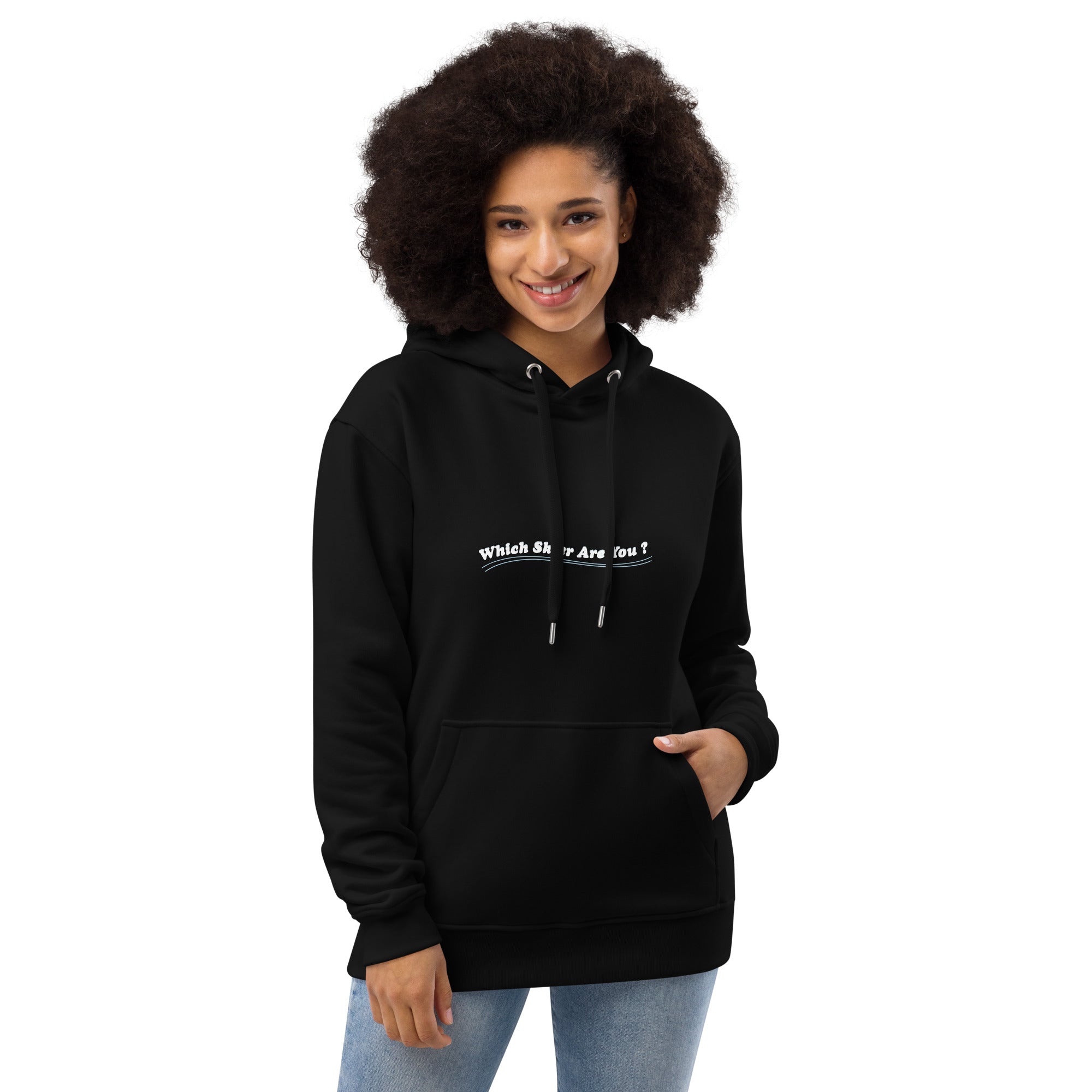 Premium eco hoodie Which skier are you? Love Instructor First Lesson free on black (front & back)