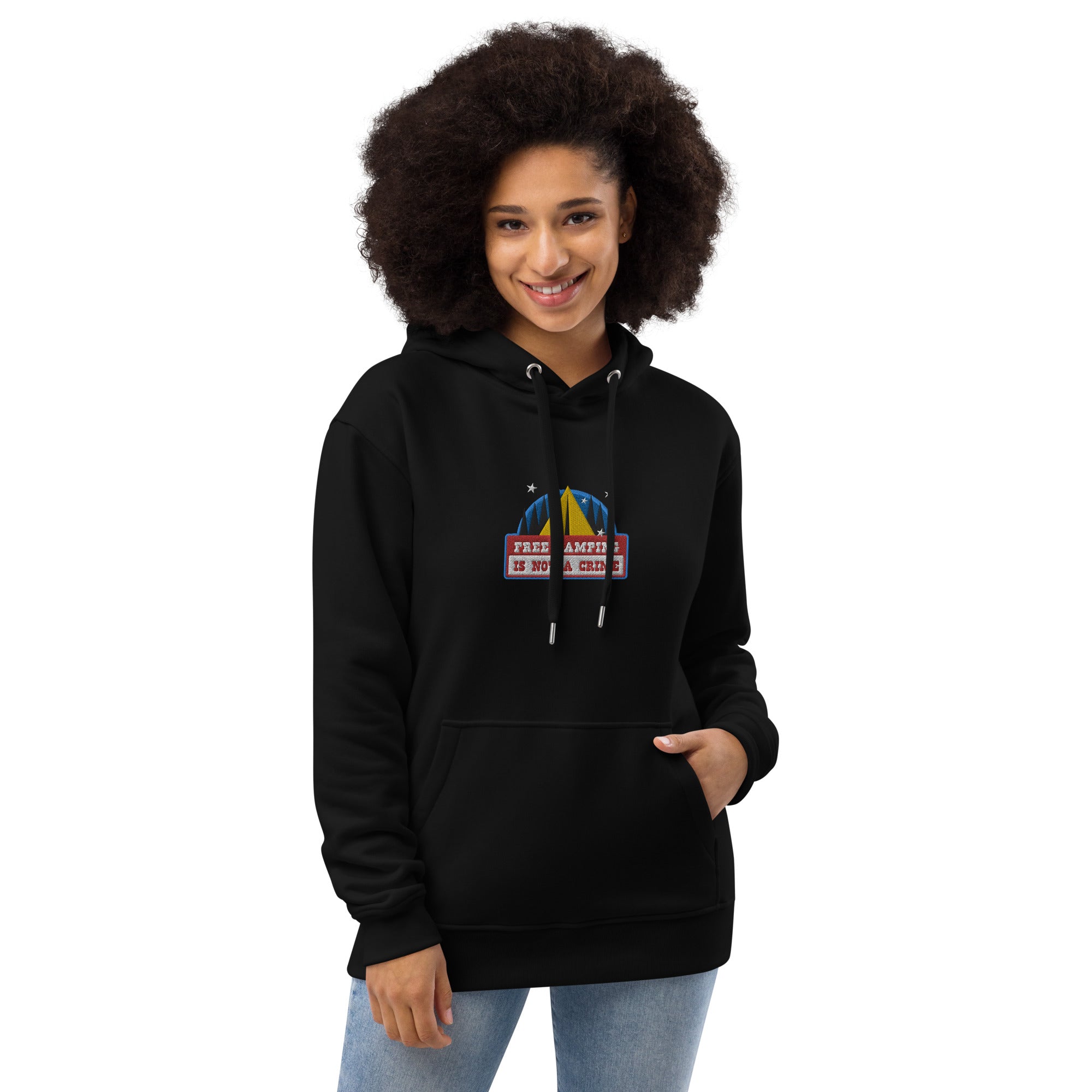 Premium eco hoodie Free camping is not a crime graphic multicolor embroidered pattern