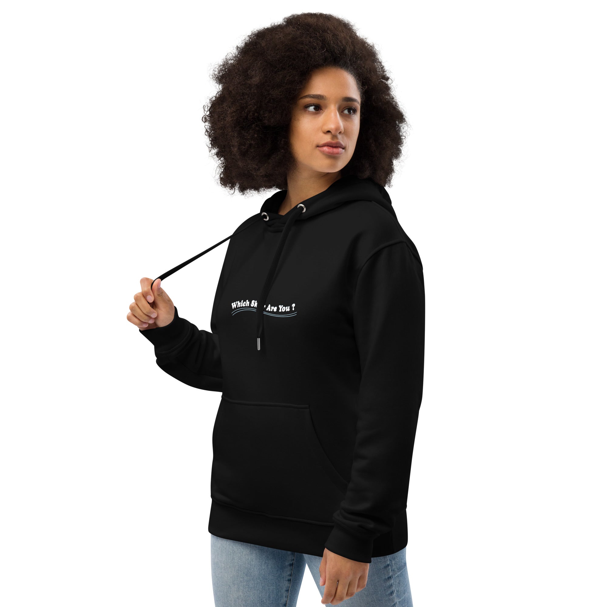 Premium eco hoodie Which skier are you? Love Instructor First Lesson free on black (front & back)