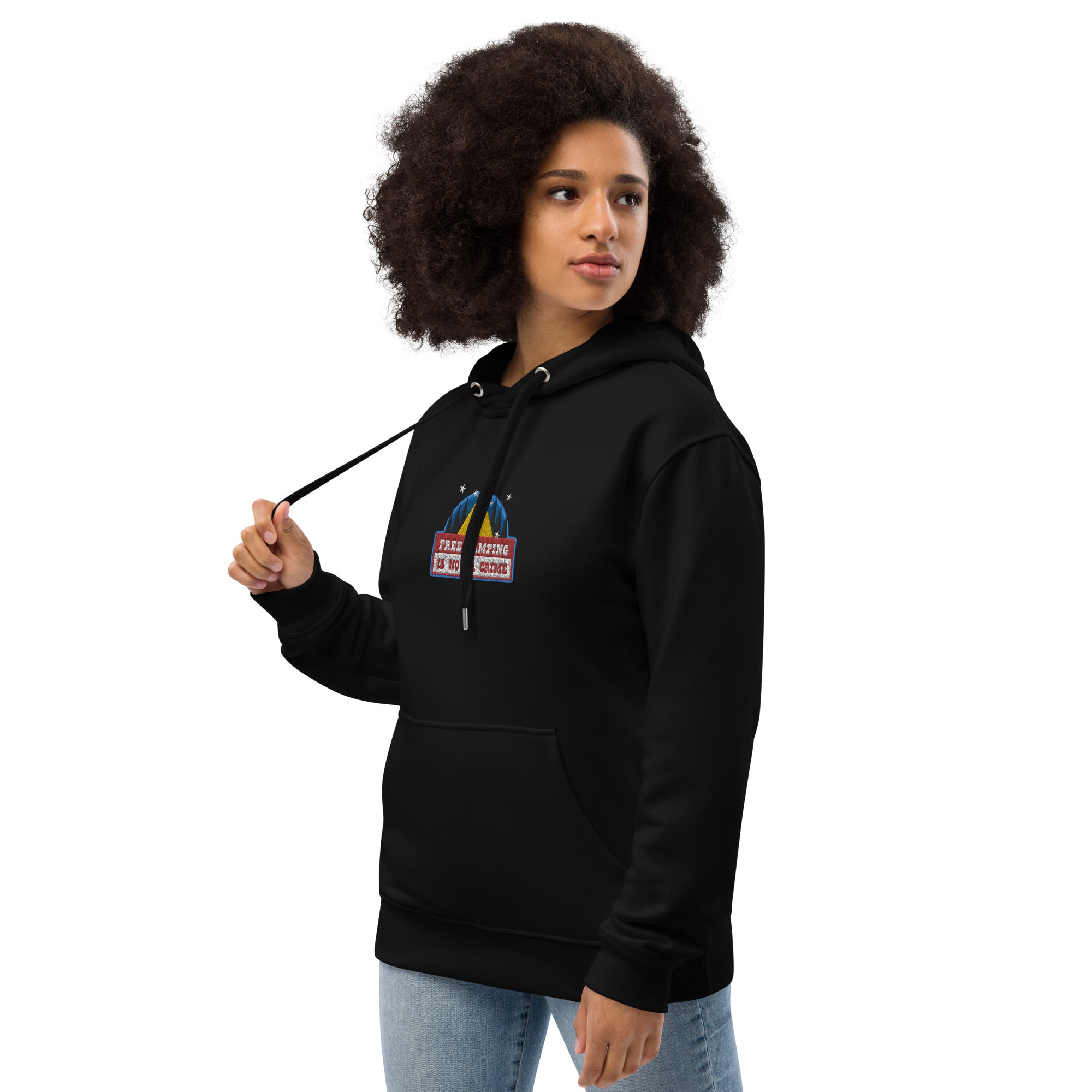 Premium eco hoodie Free camping is not a crime graphic multicolor embroidered pattern