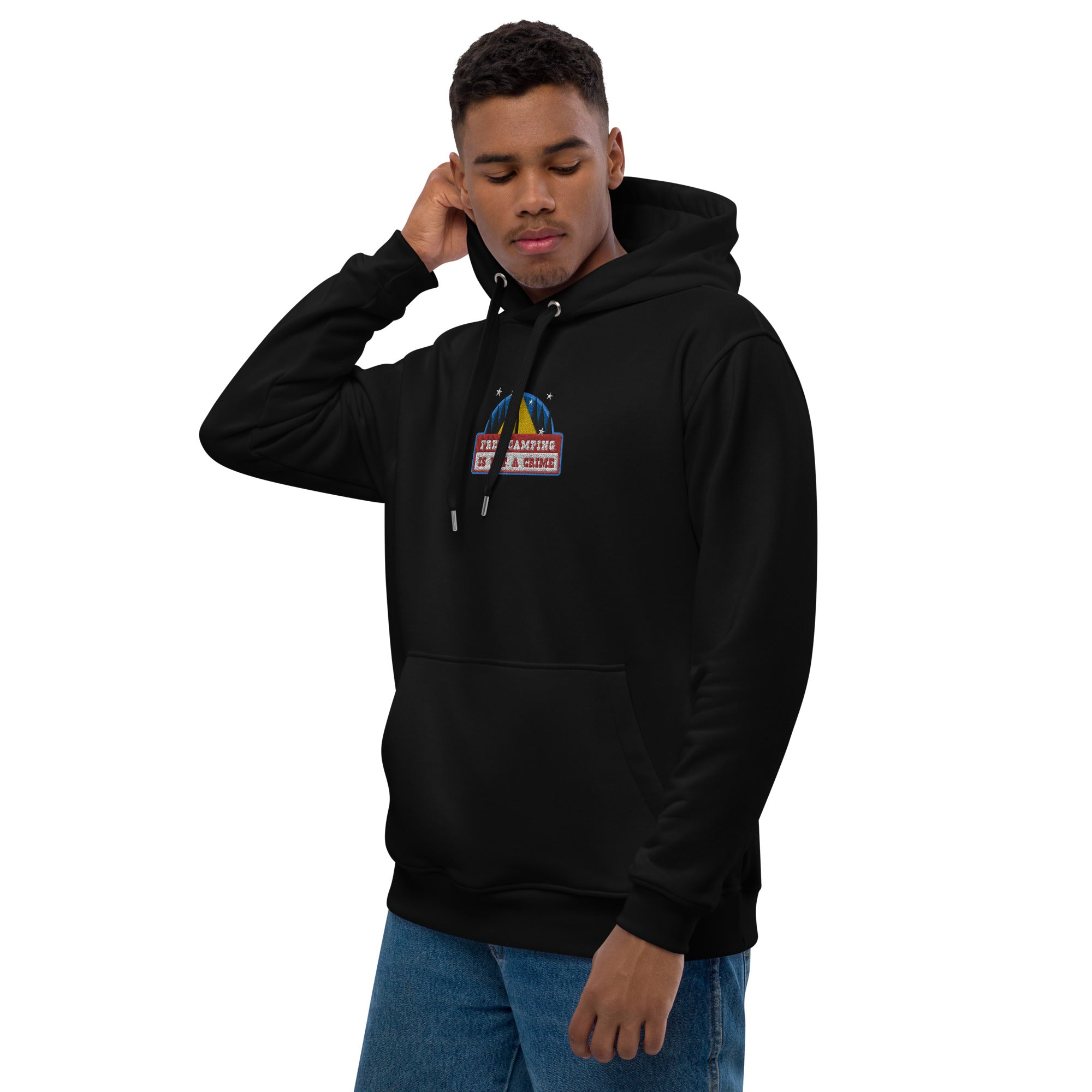 Premium eco hoodie Free camping is not a crime graphic multicolor embroidered pattern