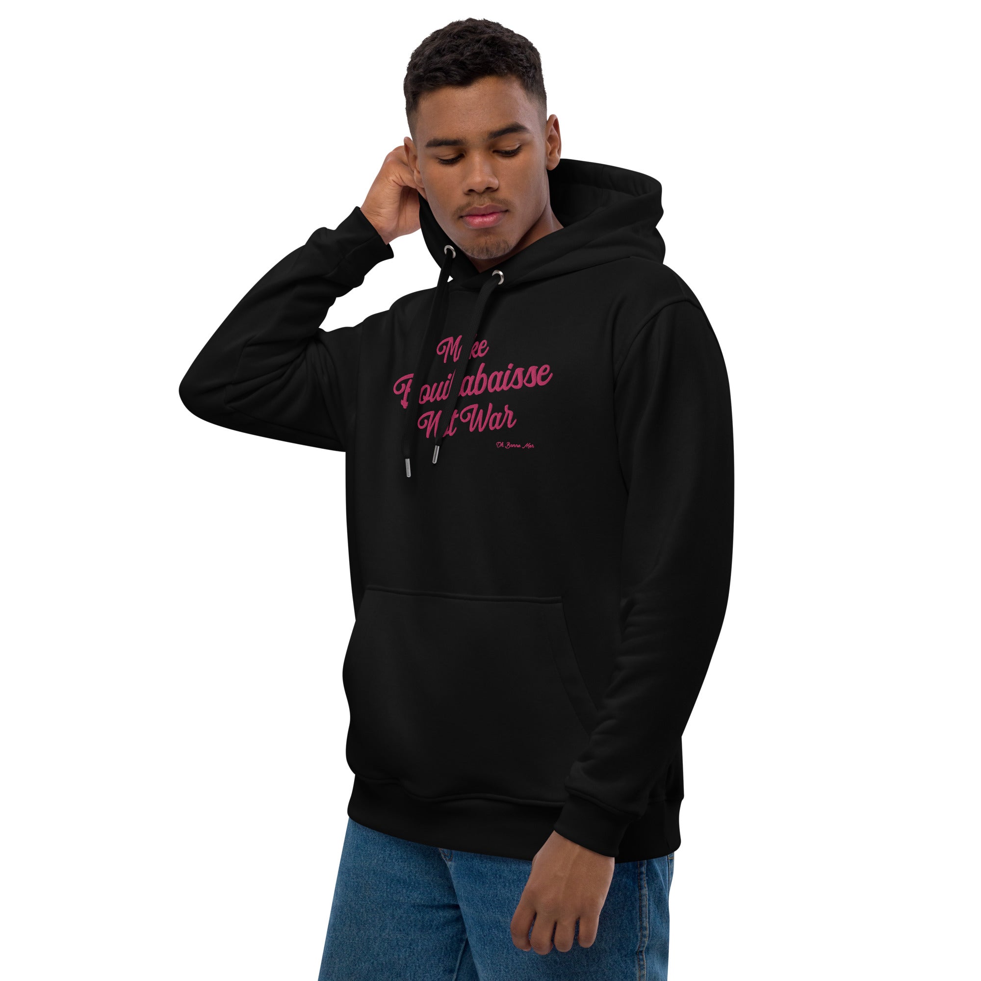 Sweat à capuche premium écologique Make Bouillabaisse Not War grand motif brodé flamingo