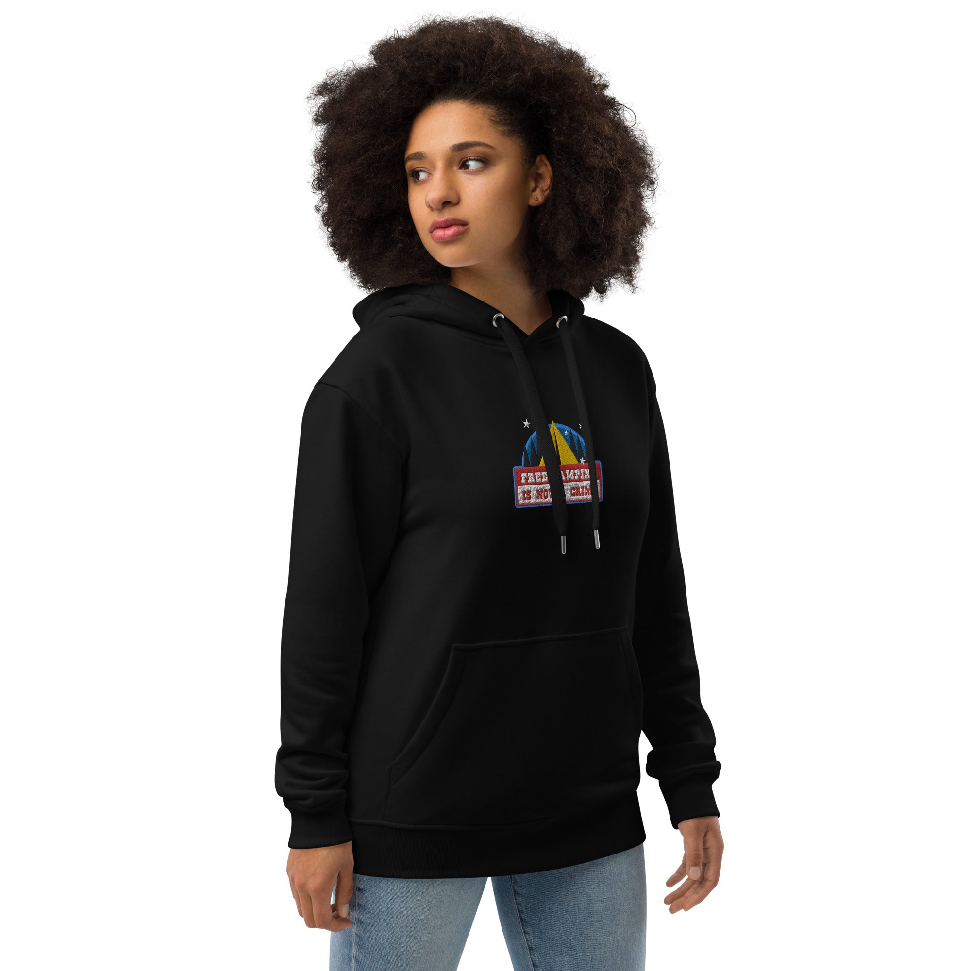 Premium eco hoodie Free camping is not a crime graphic multicolor embroidered pattern