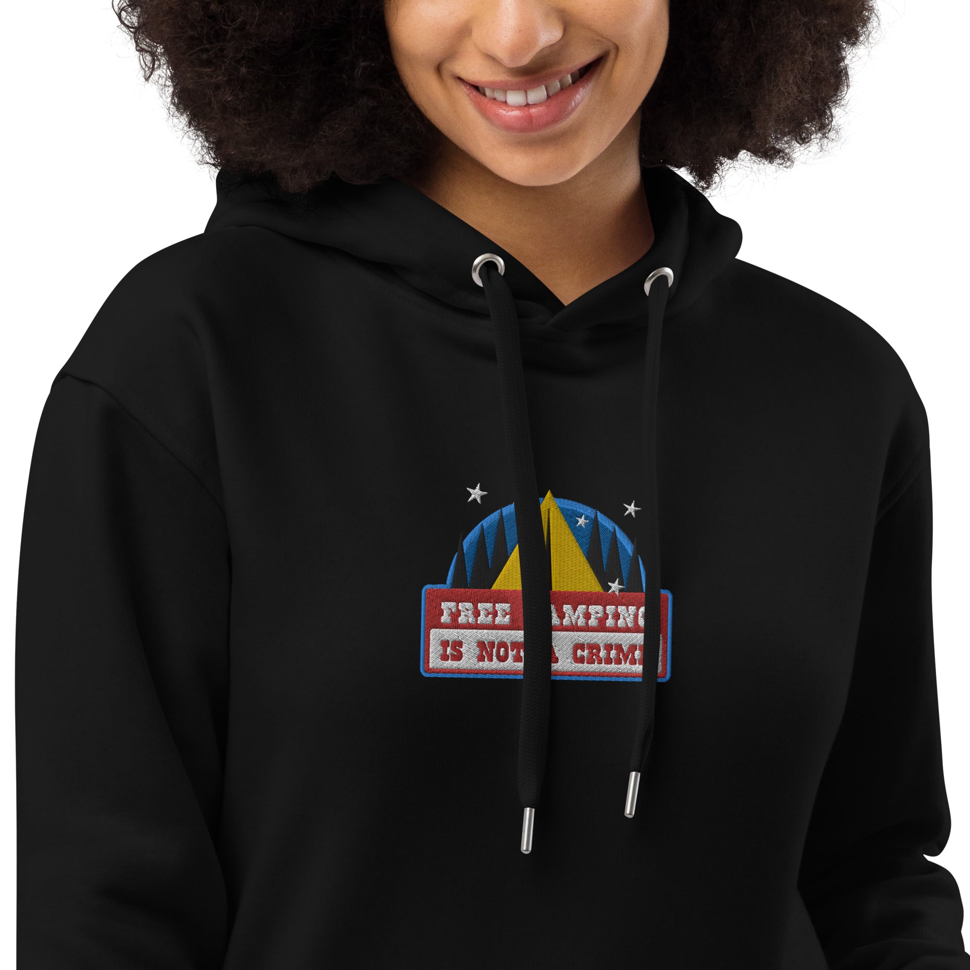 Premium eco hoodie Free camping is not a crime graphic multicolor embroidered pattern