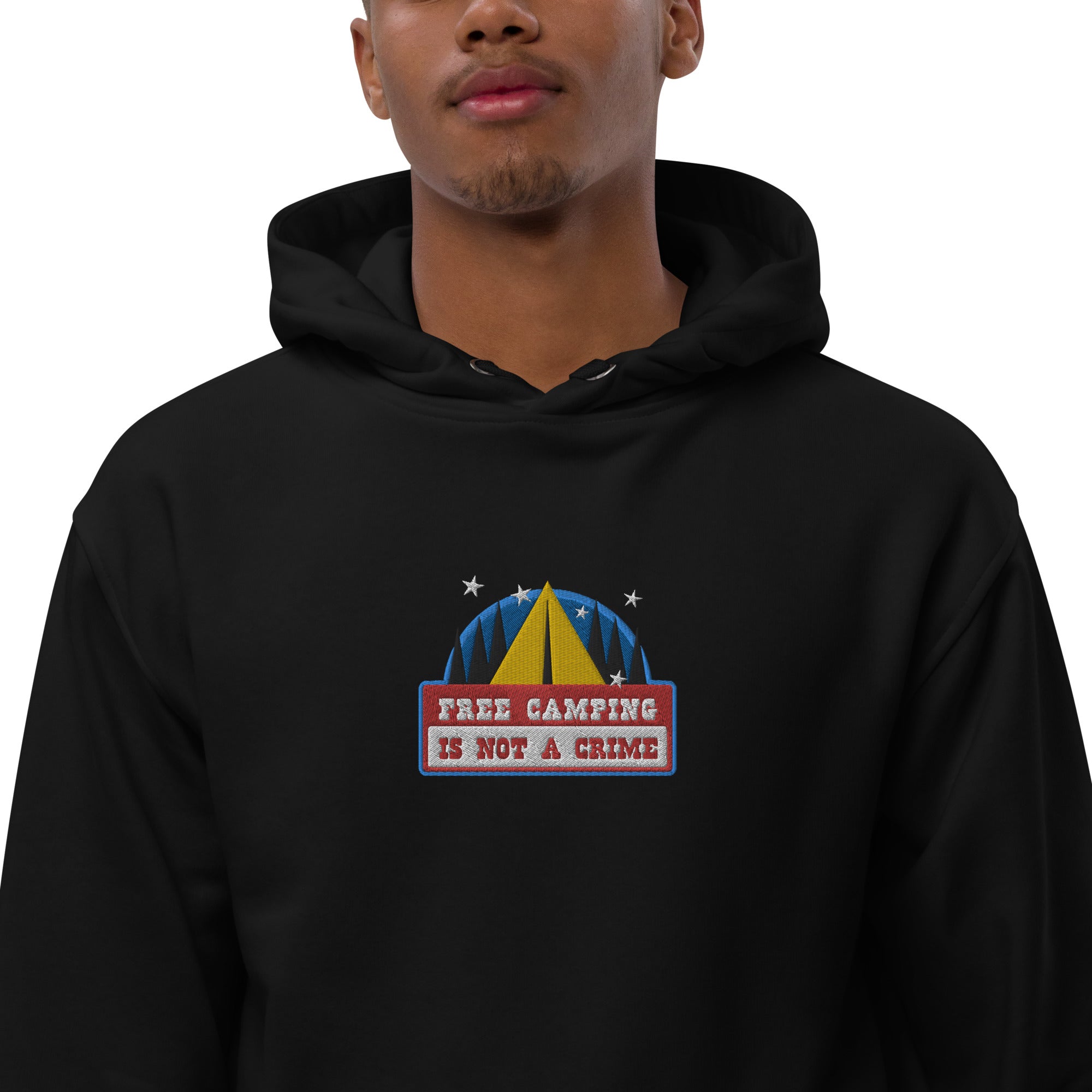 Premium eco hoodie Free camping is not a crime graphic multicolor embroidered pattern