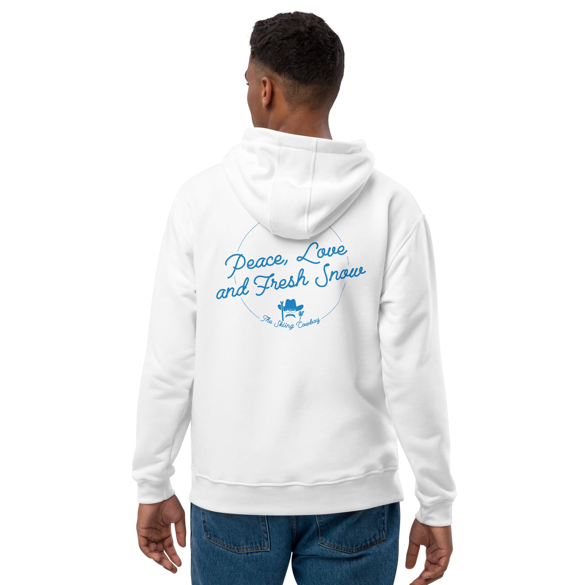 Premium eco hoodie Peace, Love and Fresh Snow (front & back)