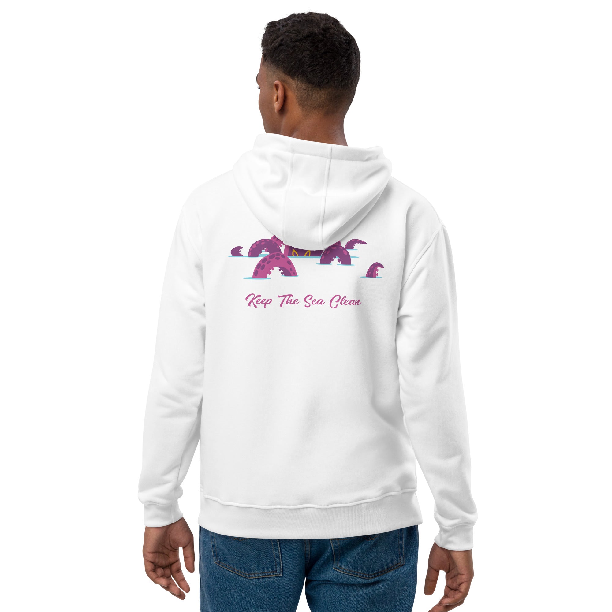 Premium eco hoodie Keep the Sea Clean (front) & Octopus Purple (back)