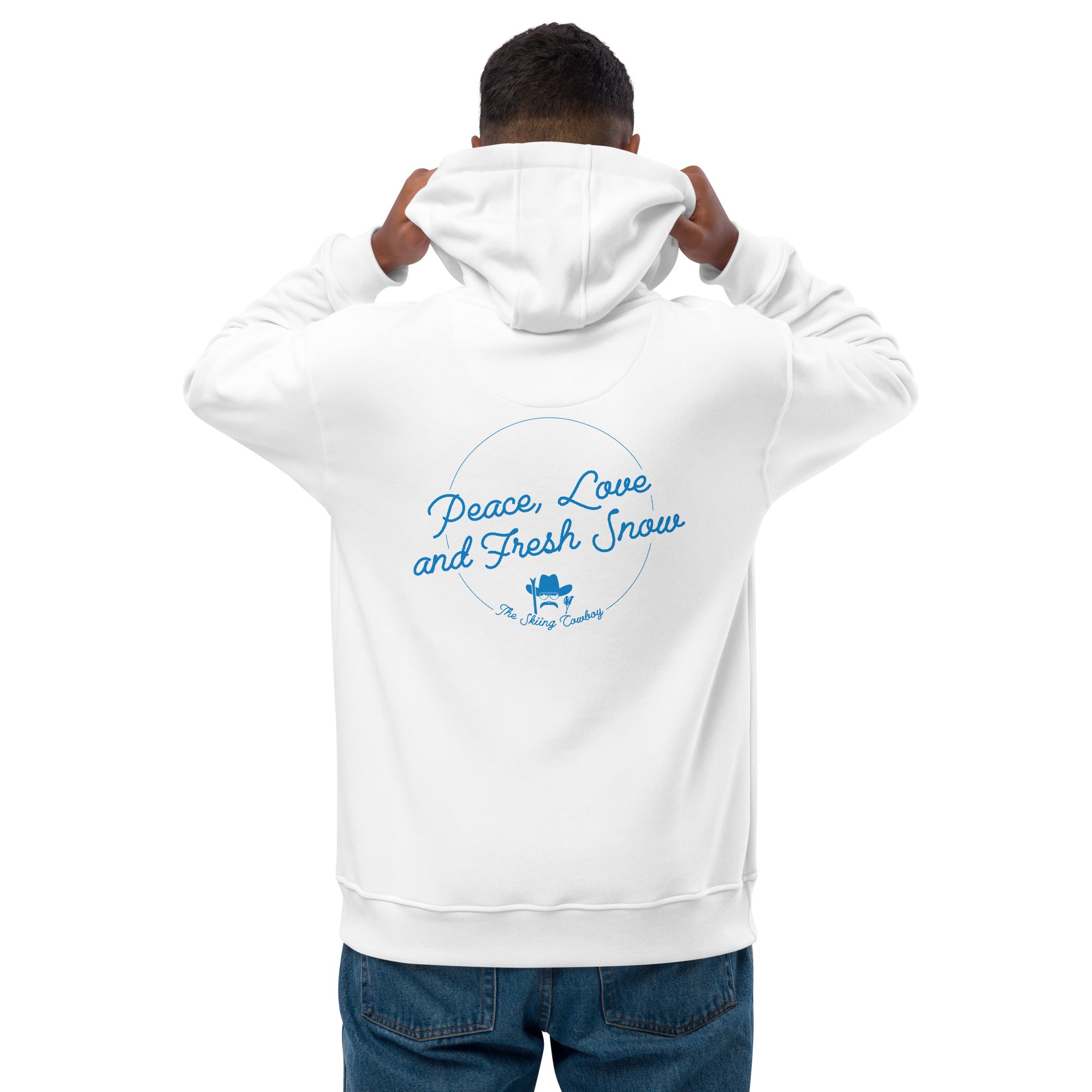 Premium eco hoodie Peace, Love and Fresh Snow (front & back)