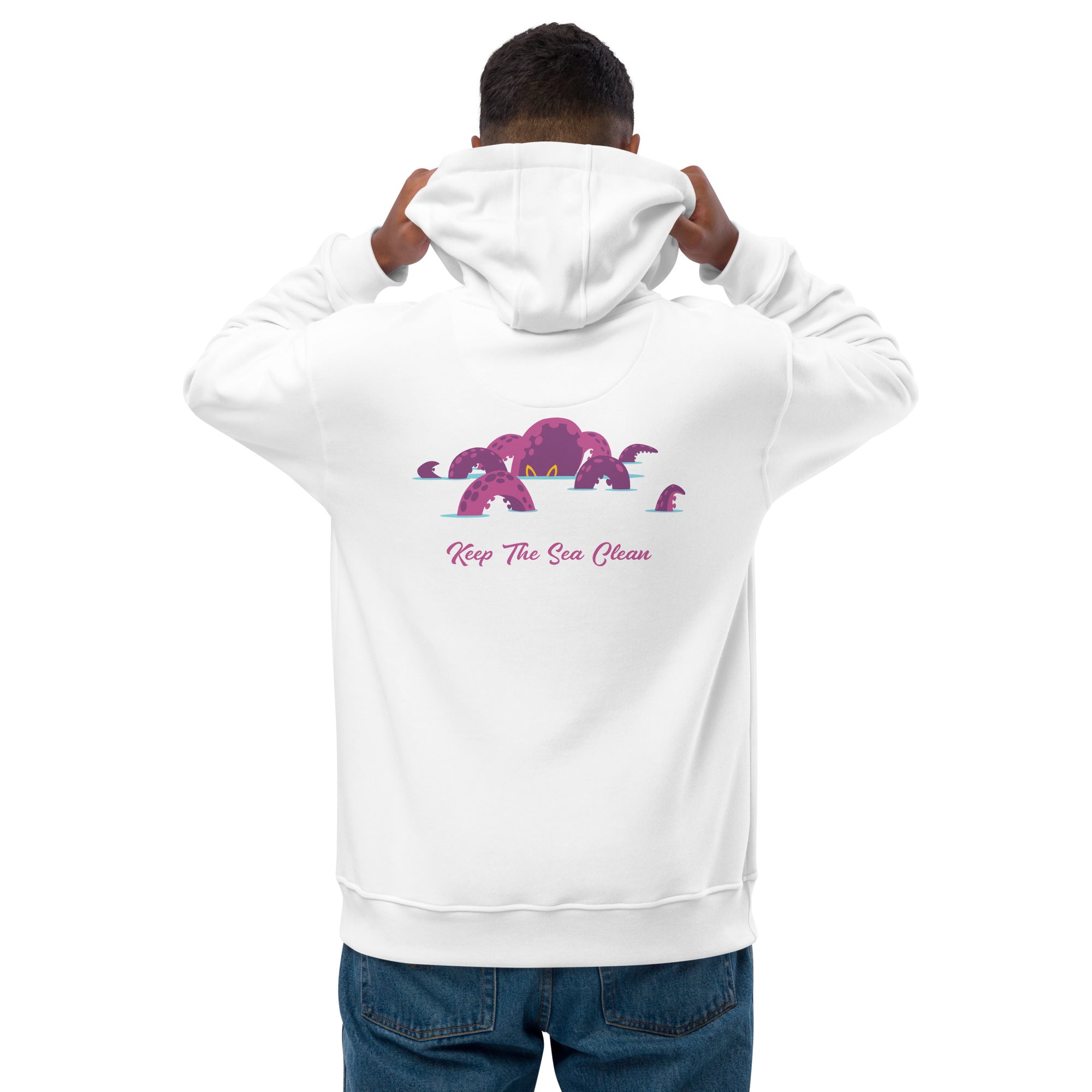 Premium eco hoodie Keep the Sea Clean (front) & Octopus Purple (back)