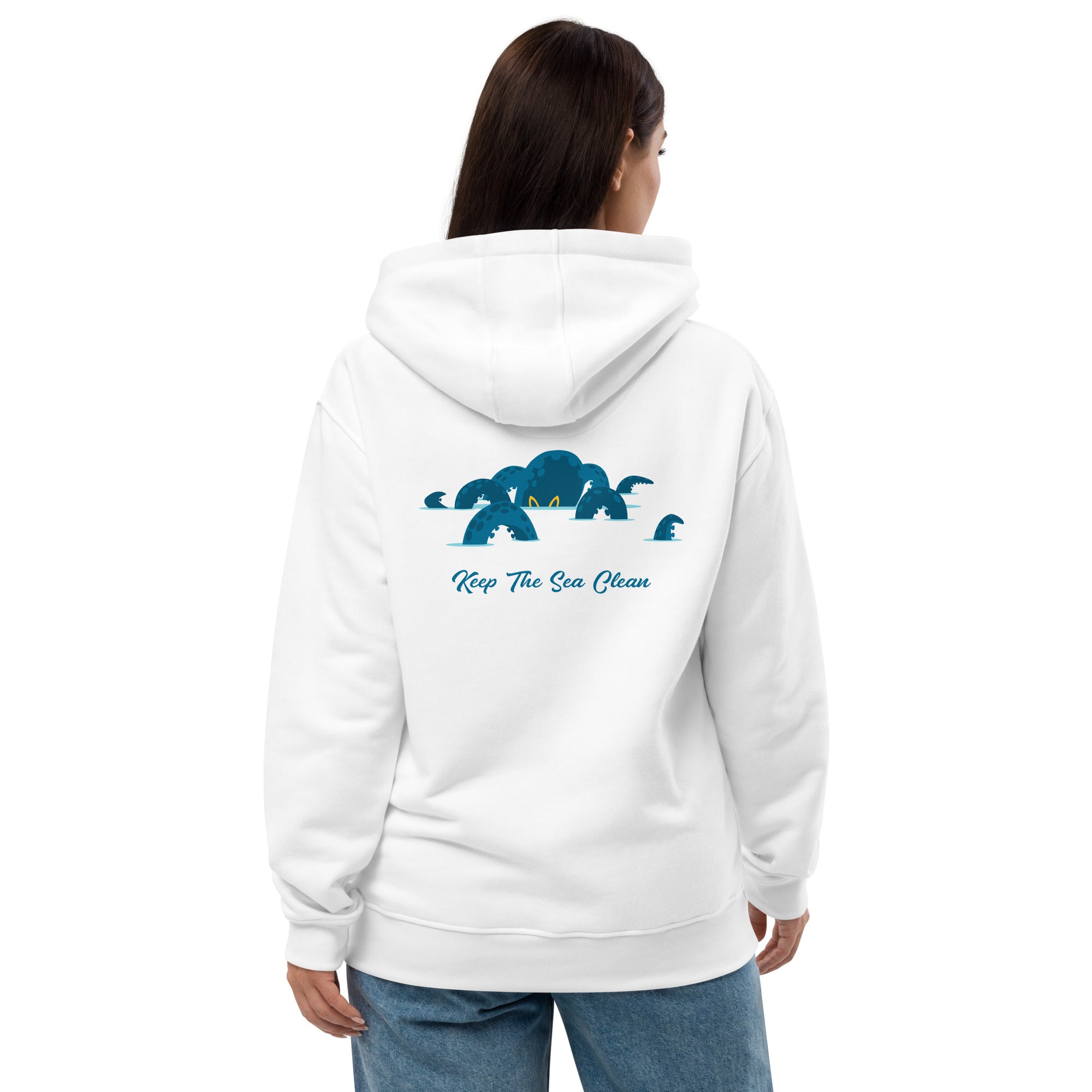 Premium eco hoodie Keep the Sea Clean (front) & Octopus Blue (back)