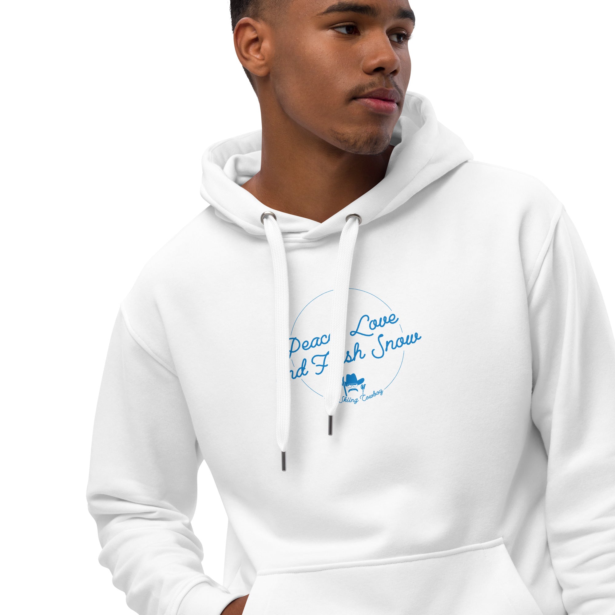 Premium eco hoodie Peace, Love and Fresh Snow (front & back)