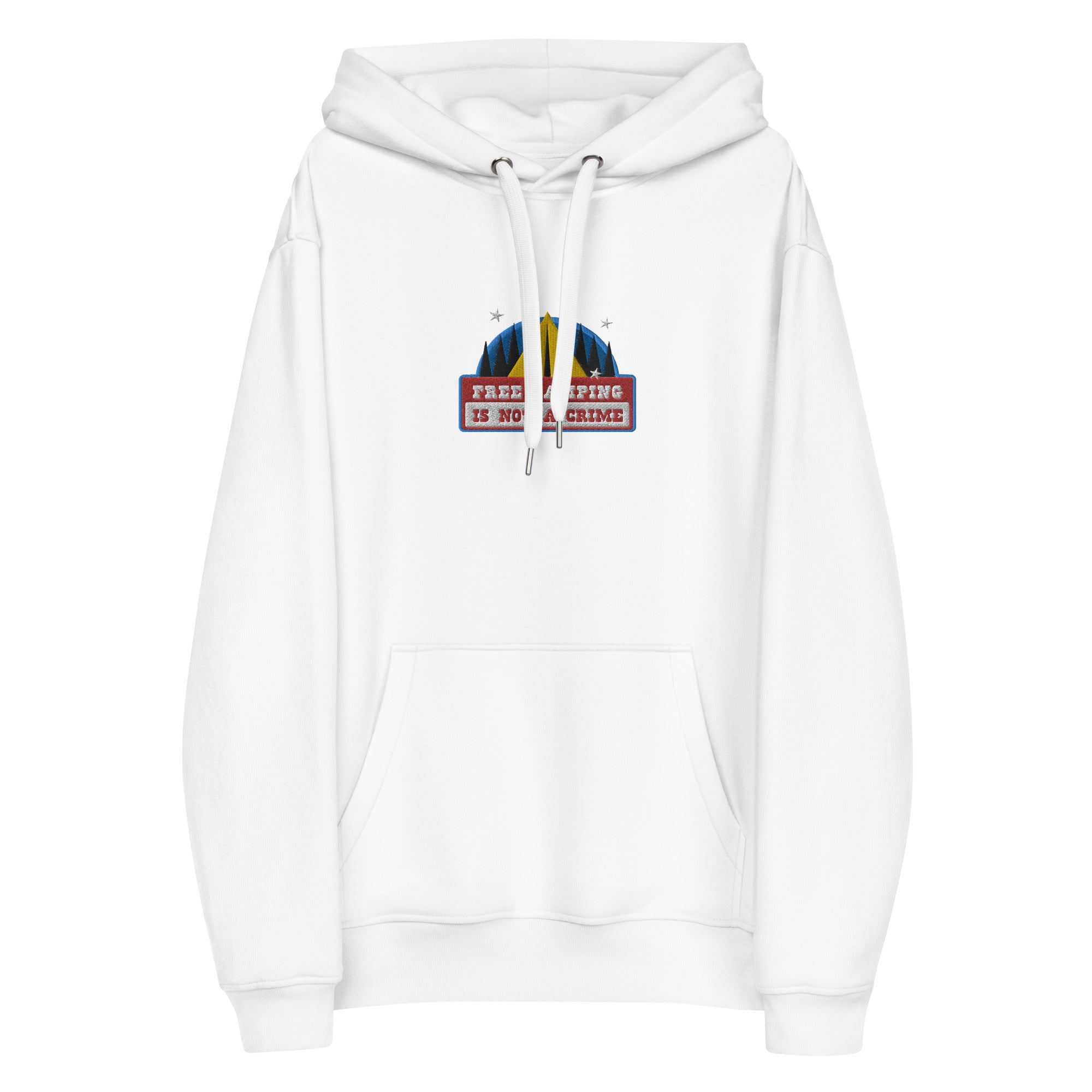 Premium eco hoodie Free camping is not a crime graphic multicolor embroidered pattern