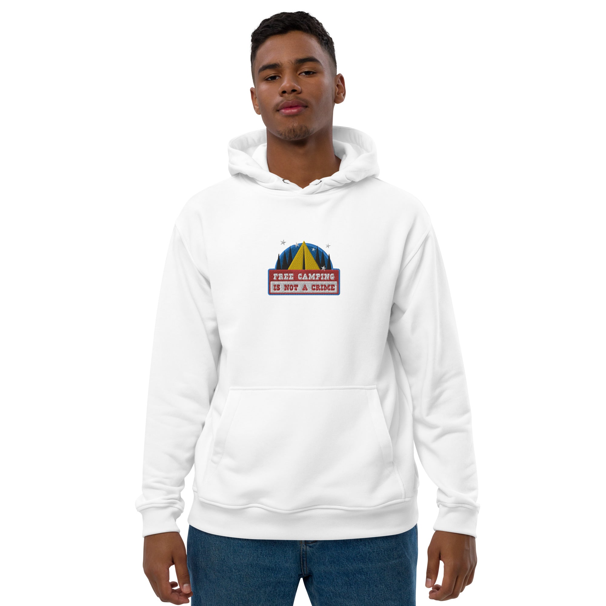 Premium eco hoodie Free camping is not a crime graphic multicolor embroidered pattern